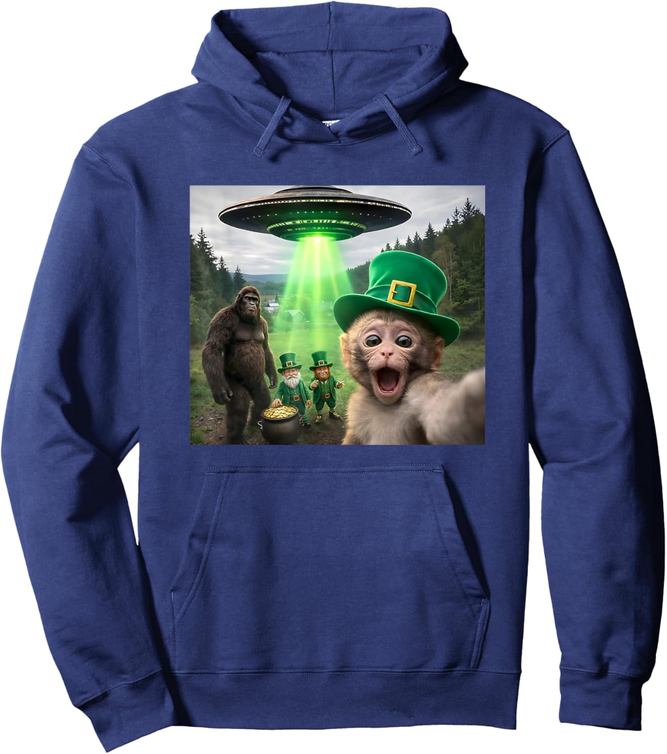 St Patricks Day Macaque Bigfoot UFO Leprechanun Funny Selfie Hoodie - Hoodie | Navy