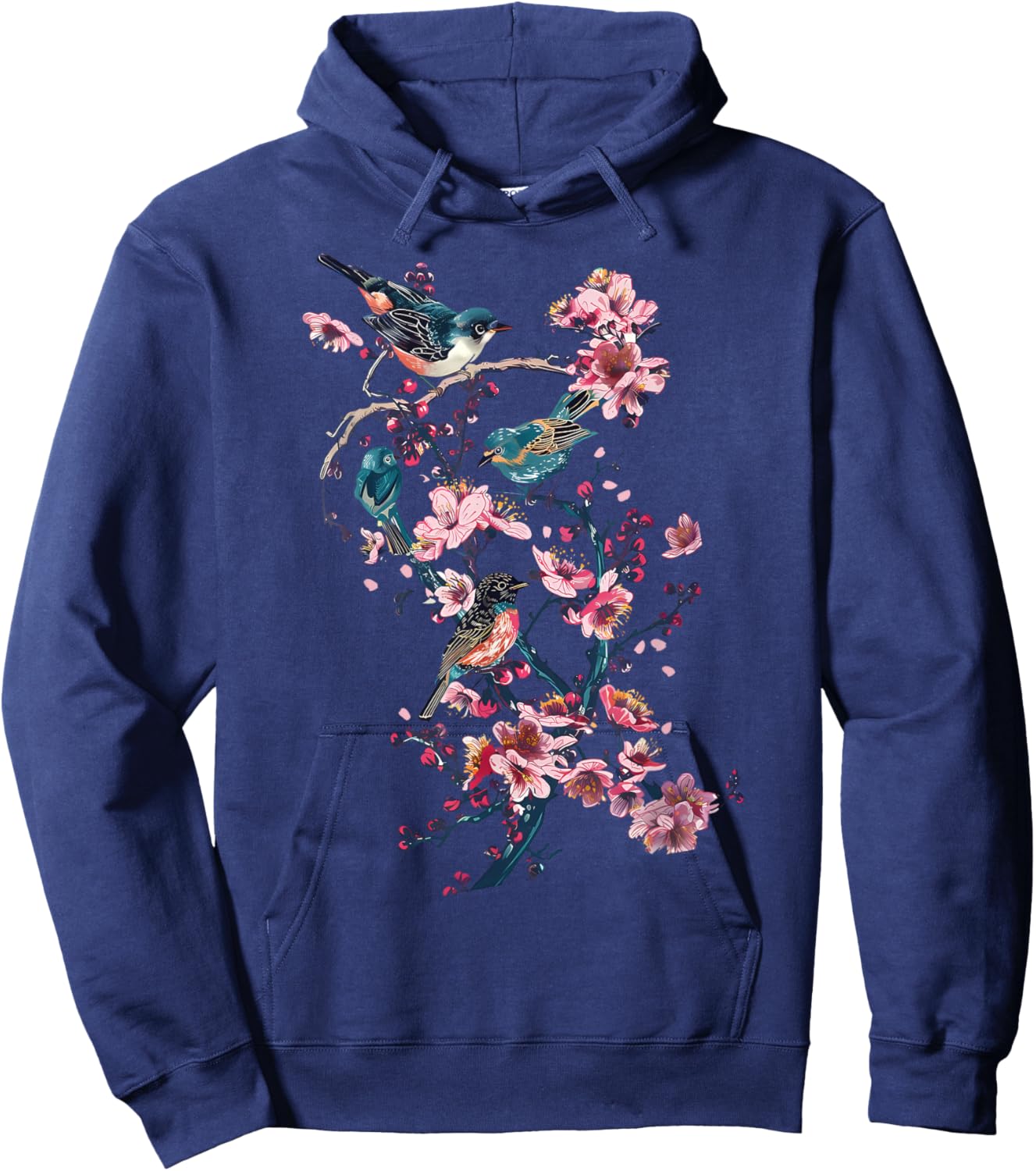 Japanese Birds Cherry Blossom Floral Vintage Woodblock Art Hoodie - Hoodie | Navy