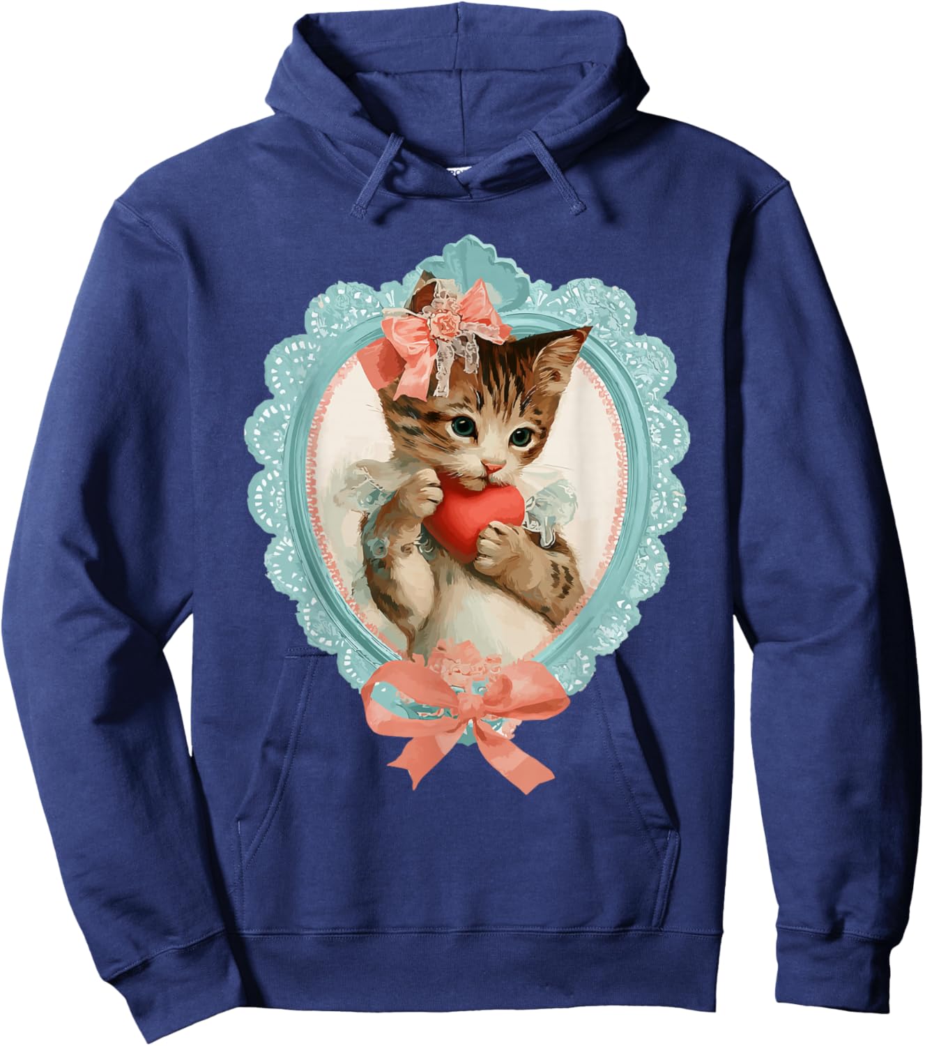 Cute Tabby Cat Valentine Kitty with Heart Vintage Coquette Hoodie - Hoodie | Navy