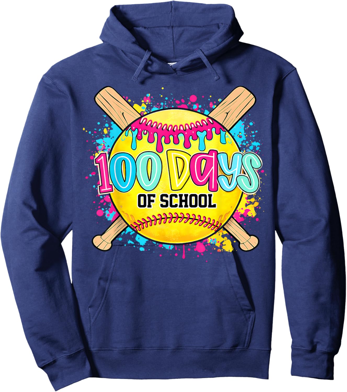 100 Drippy Days of School Softball Dripping 100th Day Girls Hoodie - Hoodie | Navy
