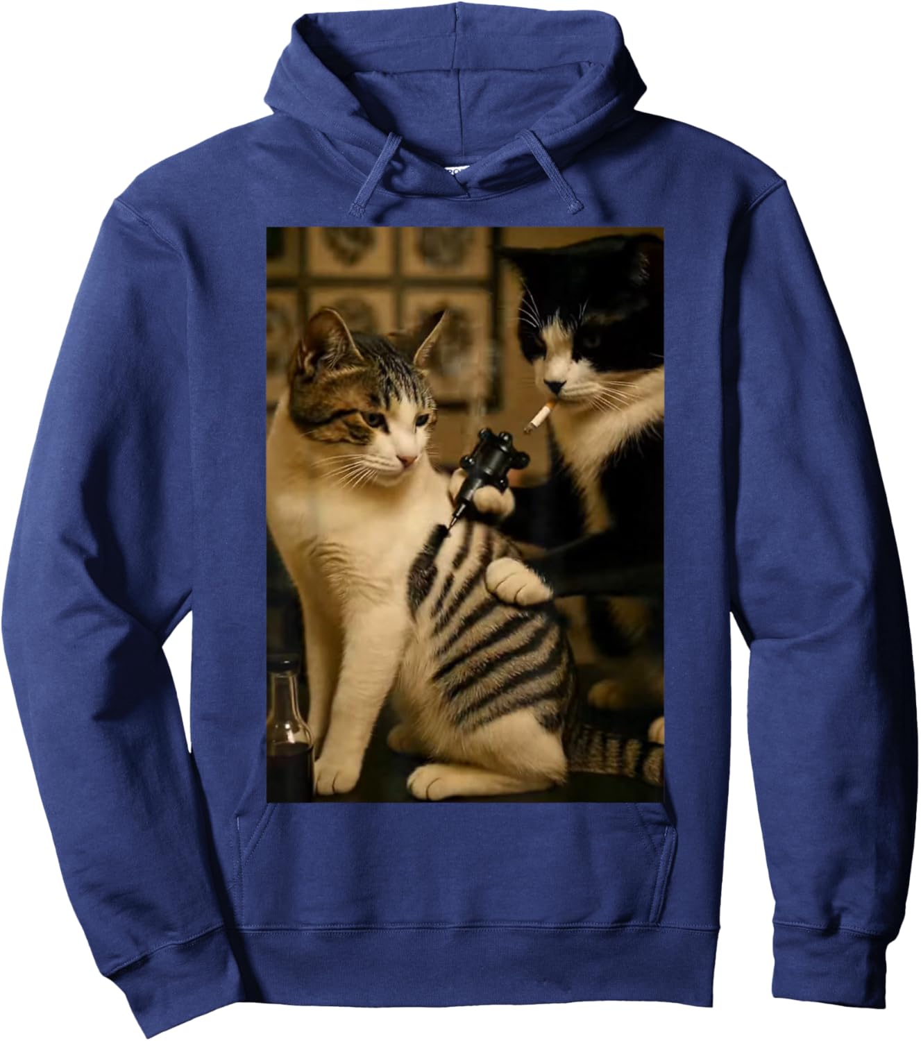 Vintage Cigarette Cat Smoking Tattoo Inked Artist Funny Meme Hoodie - Hoodie | Navy