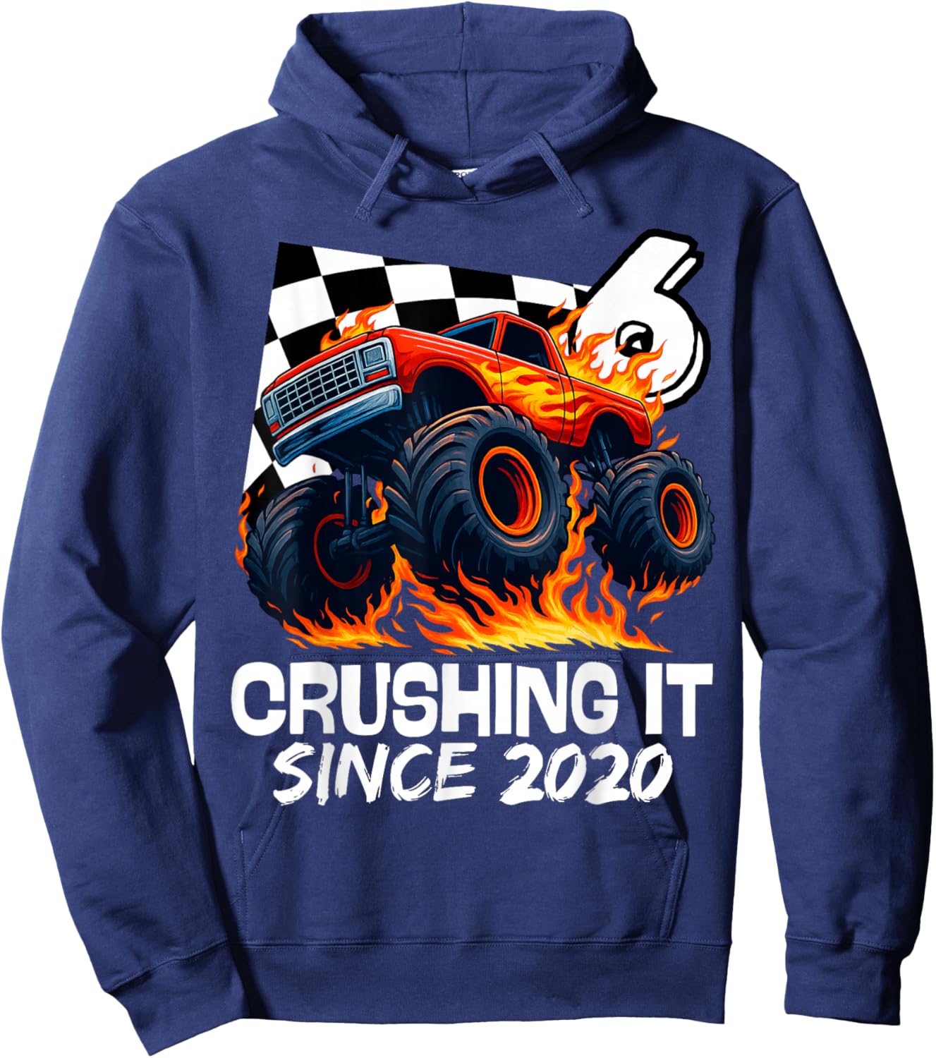 Birthday Monster Truck 6 Year Old Boys 6th Party Born 2020 Hoodie - Hoodie | Navy