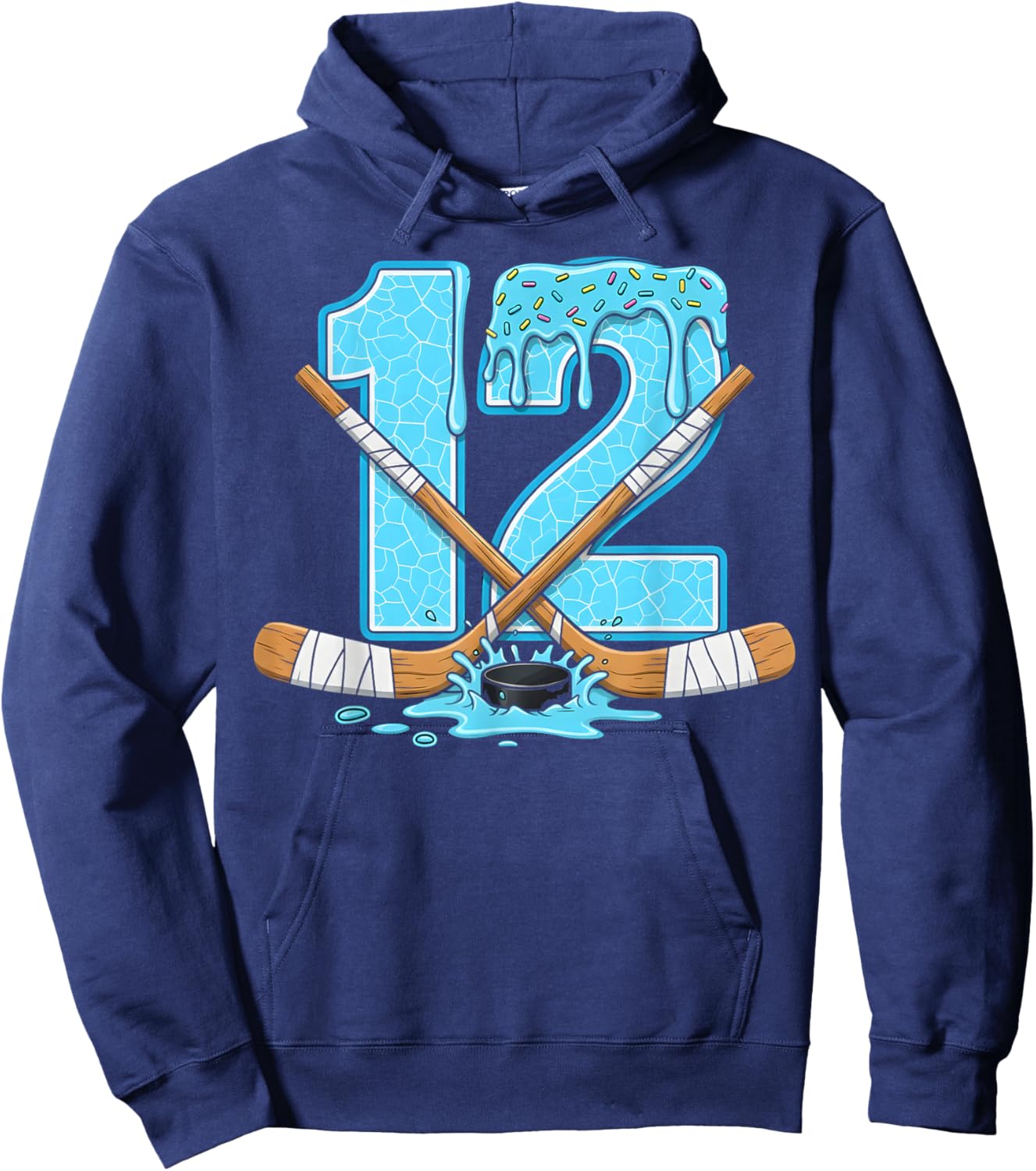 12 Year Old Hockey Ice Cream Drip Youth 12th Birthday Boys Hoodie - Hoodie | Navy