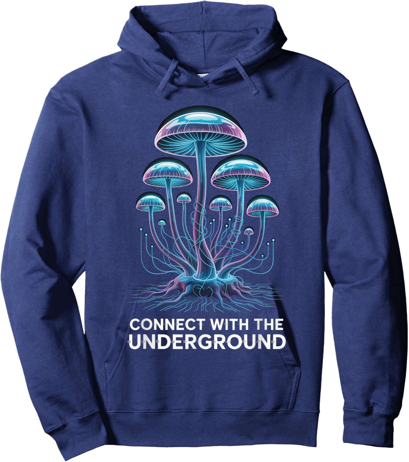 Luminous Cyber Mushroom Mycelium Network Tech Graphic Hoodie - Hoodie | Navy