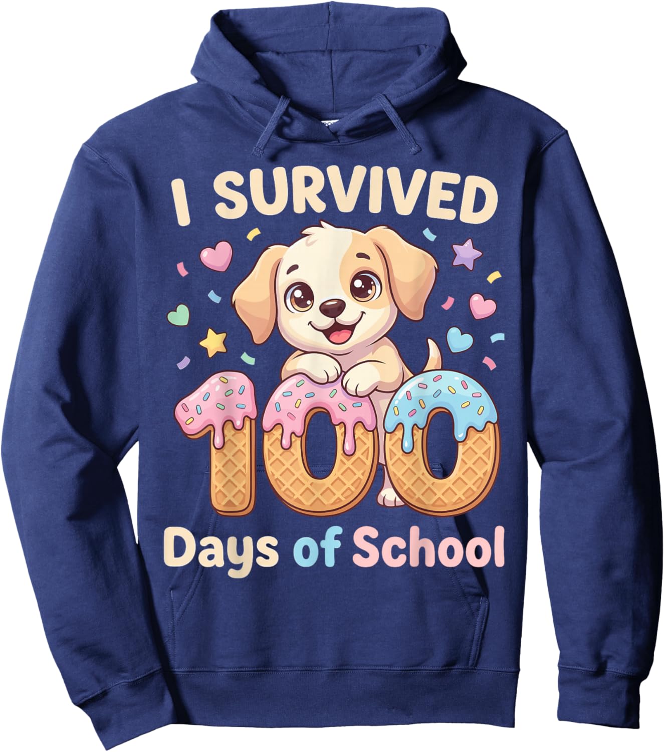 I Survived 100 Days of School Funny Punny Dog Ice Cream Drip Hoodie - Hoodie | Navy