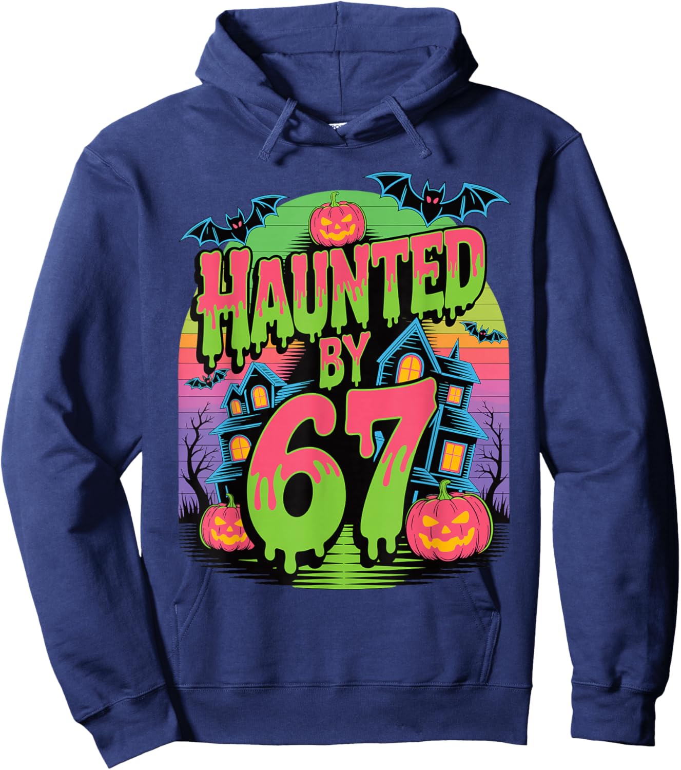 Haunted by 67 Haunted House Pumpkins & Bats Spooky Halloween Hoodie - Hoodie | Navy