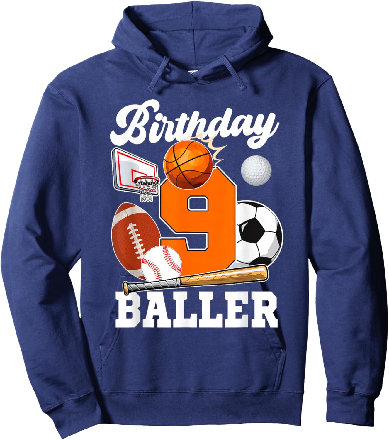 9 Year Old Birthday Baller 9th Birthday Sports Ball Theme Hoodie - Hoodie | Navy