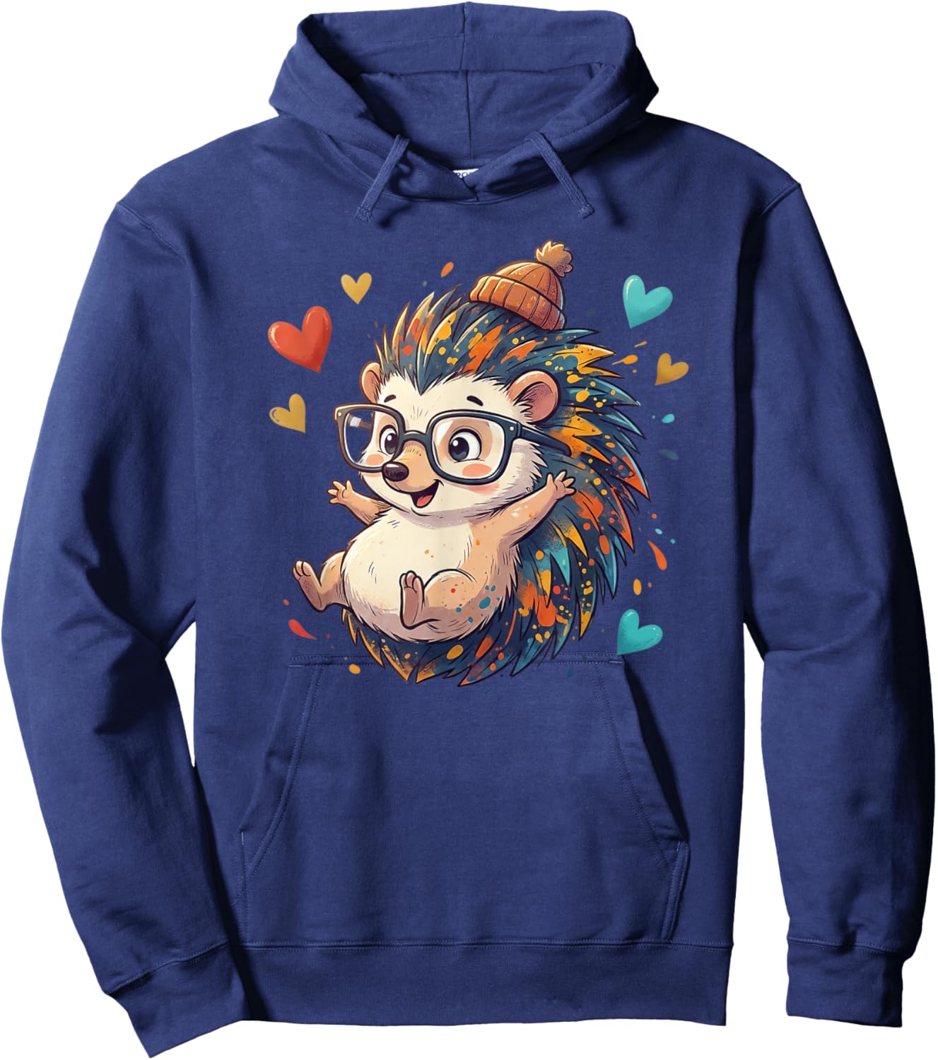 Cute Nerdy Hedgehog with Glasses and Colorful Hearts Hoodie - Hoodie | Navy