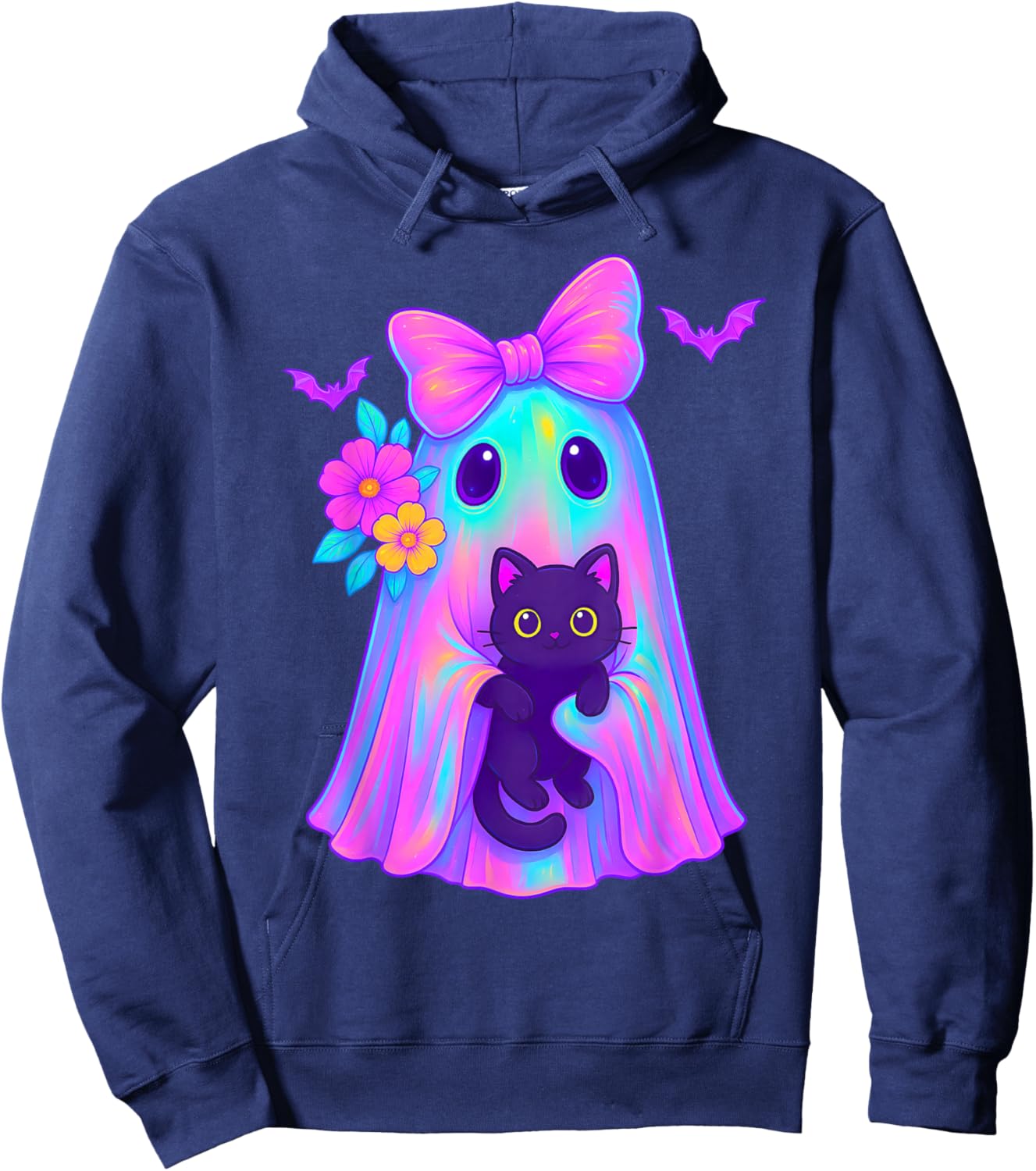 Cute Floral Ghost Holding a Cat Coquette Bow Halloween Women Hoodie - Hoodie | Navy