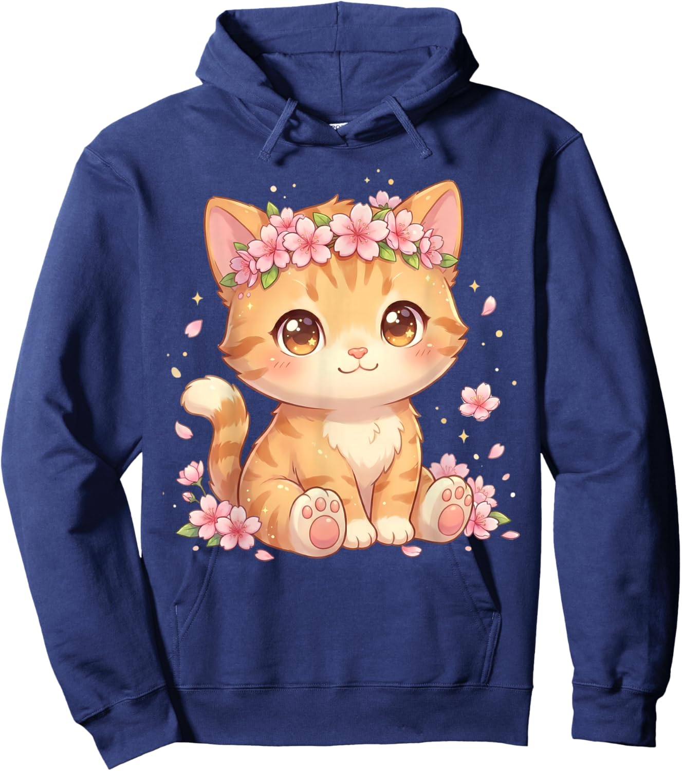 Cute Anime Cat with Cherry Blossoms Flower Kids Girls Boys Hoodie - Hoodie | Navy