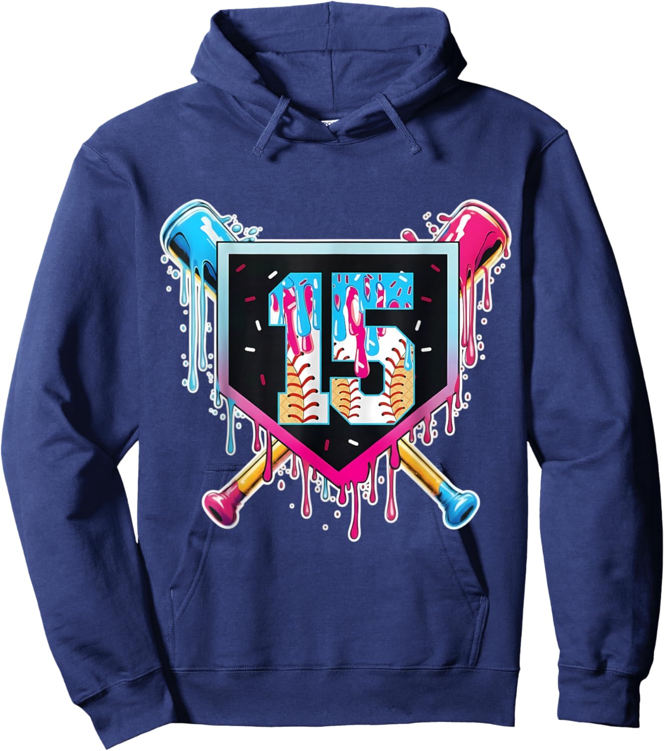 Baseball 15 Year Old Boy Ice Cream Drip 15th Birthday Player Hoodie - Hoodie | Navy