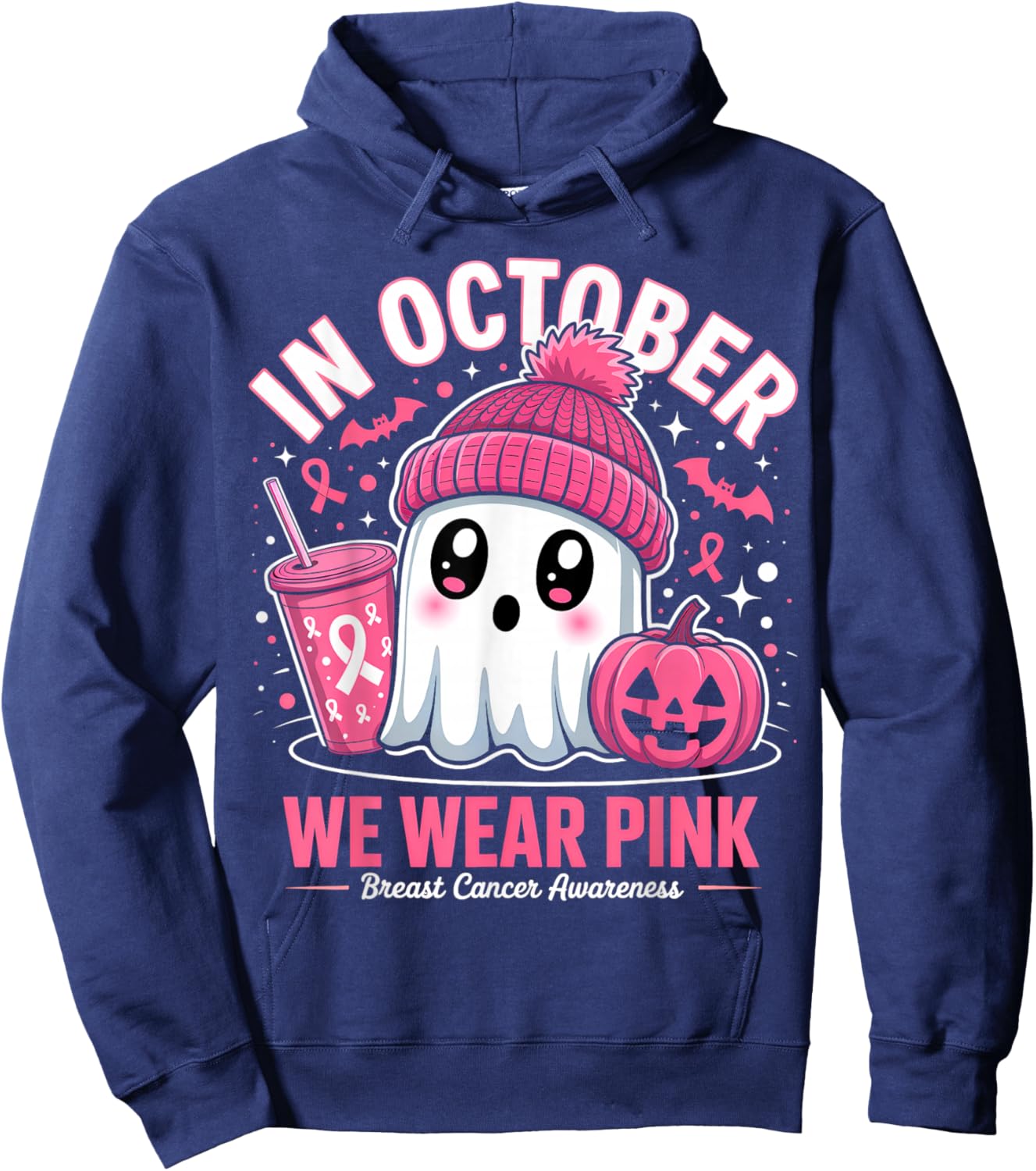 in October We Wear Pink Ghost Witch Breast Cancer Awareness Hoodie - Hoodie | Navy