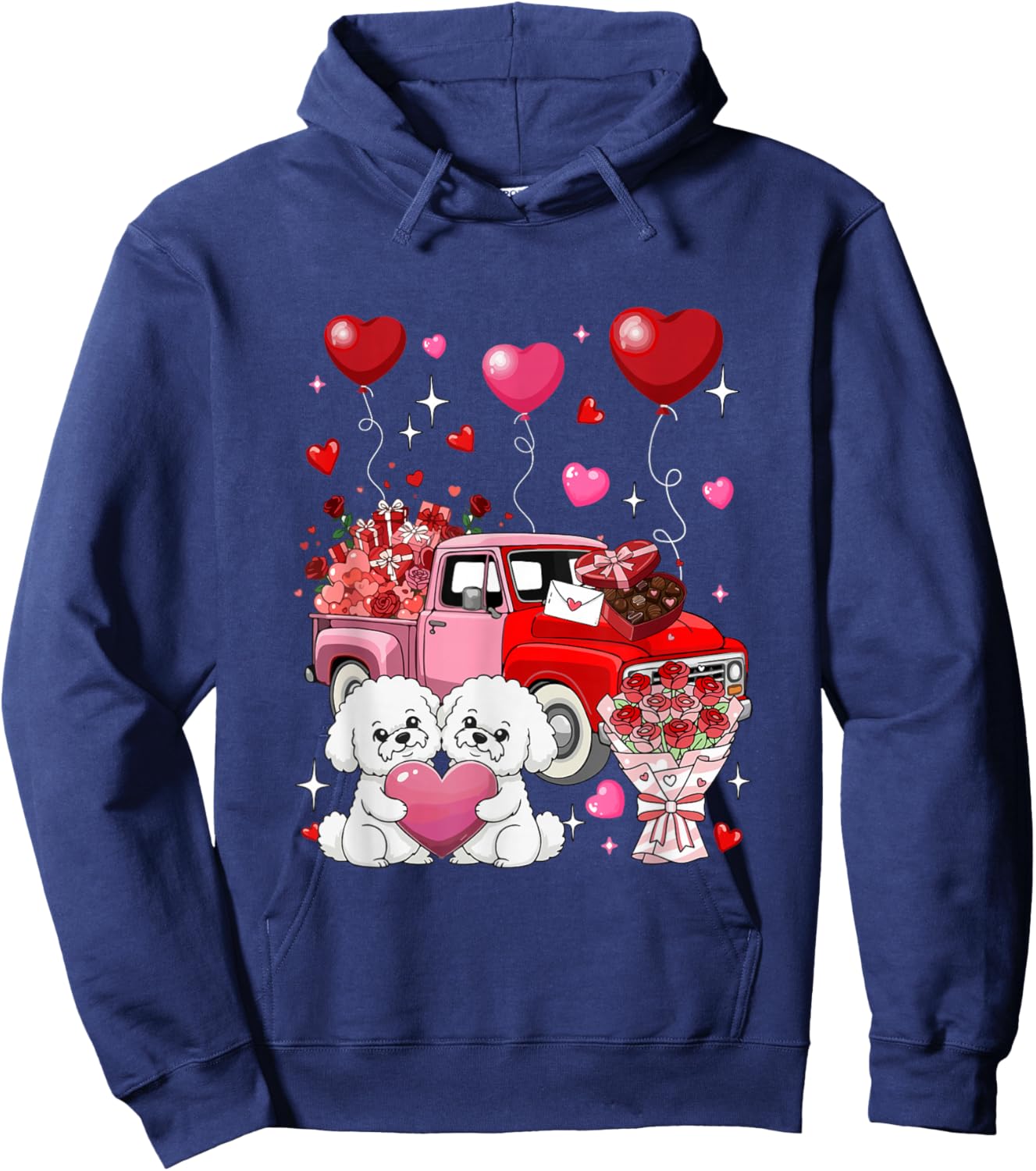 Couple Bichon Frises Valentine Hearts Tree Pickup Truck Hoodie - Hoodie | Navy