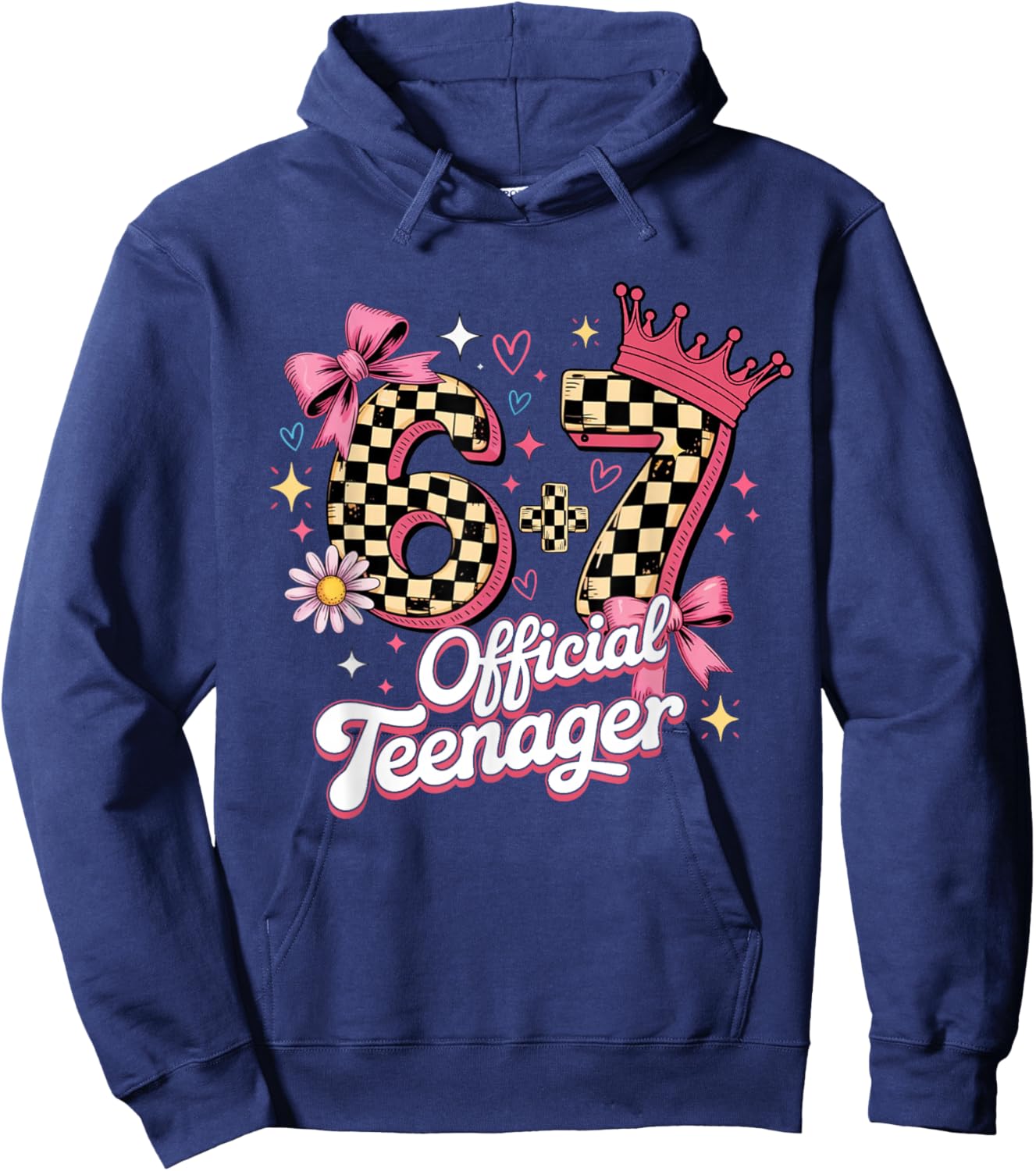 Pink Checkered 13th Birthday 6+7 13 Official Teenager Girls Hoodie - Hoodie | Navy
