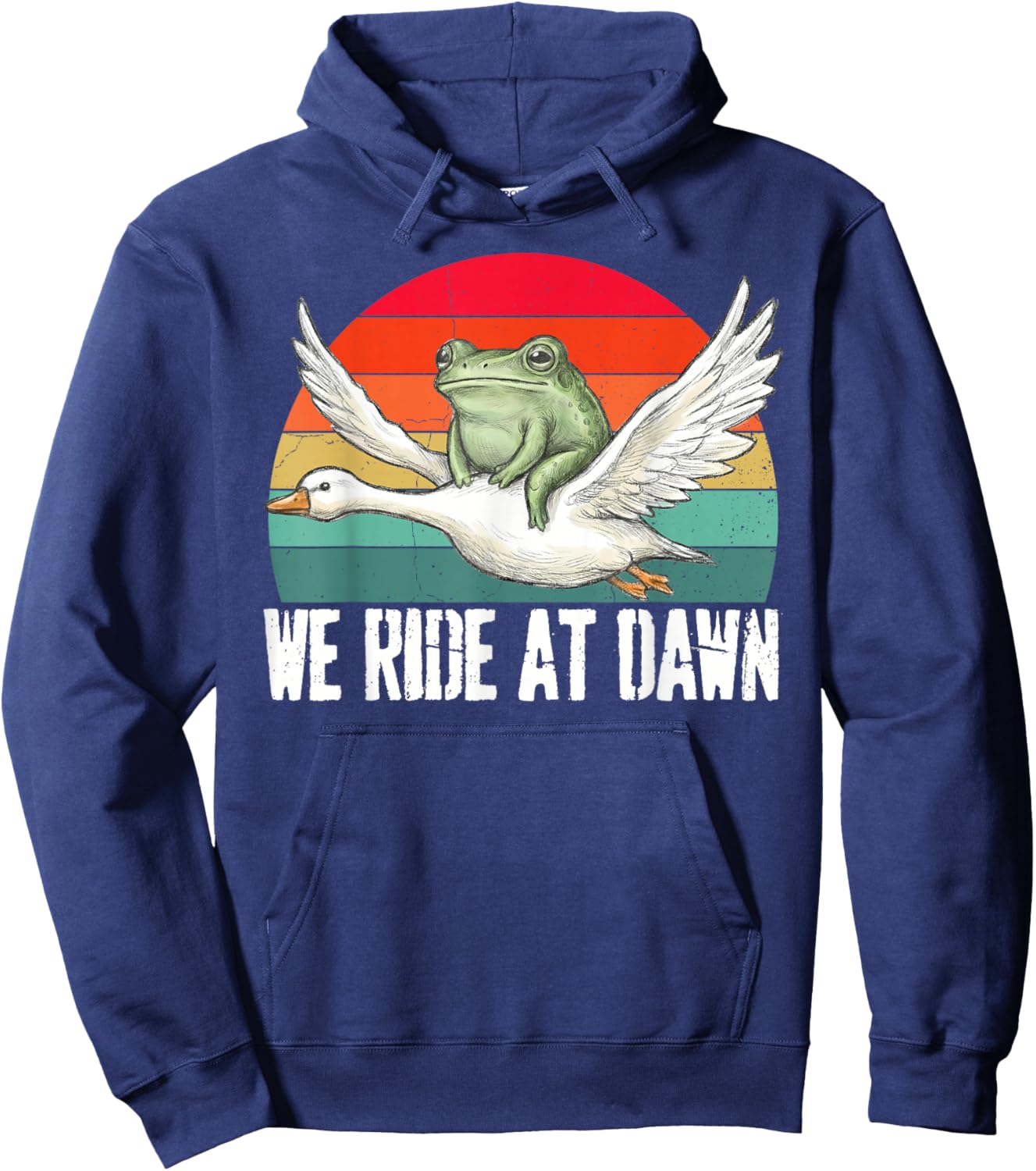 We Ride at Dawn Funny Frog Riding Goose Chaotic Animal Hoodie - Hoodie | Navy
