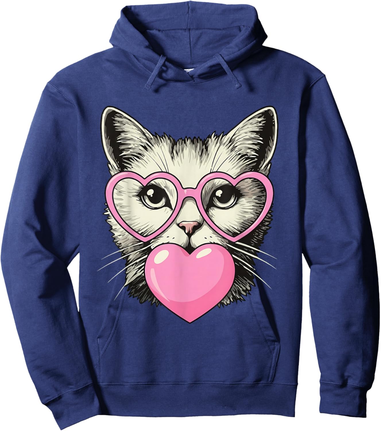 Cute Cat Blowing Pink Valentine Heart Bubble Gum Hoodie - Hoodie | Navy