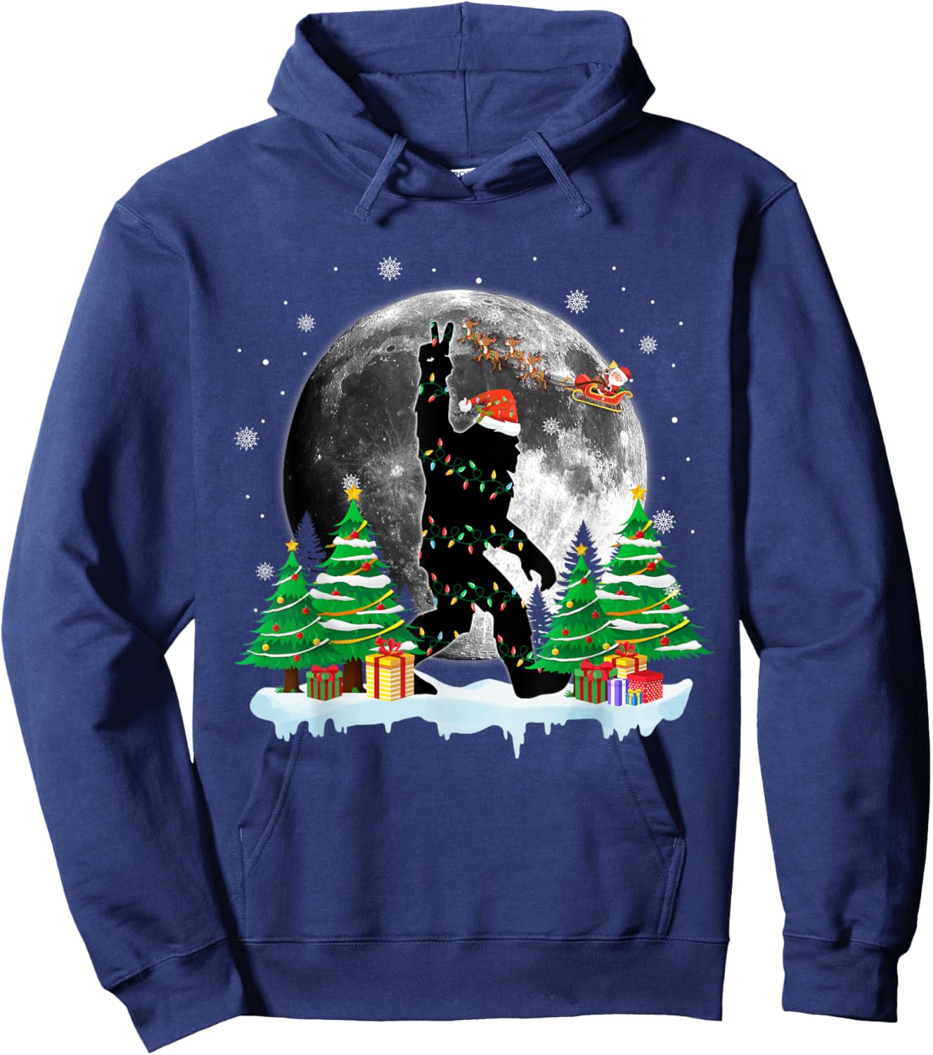 Funny Sasquatch Santa Bigfoot Christmas Tree Xmas Lights Hoodie - Hoodie | Navy