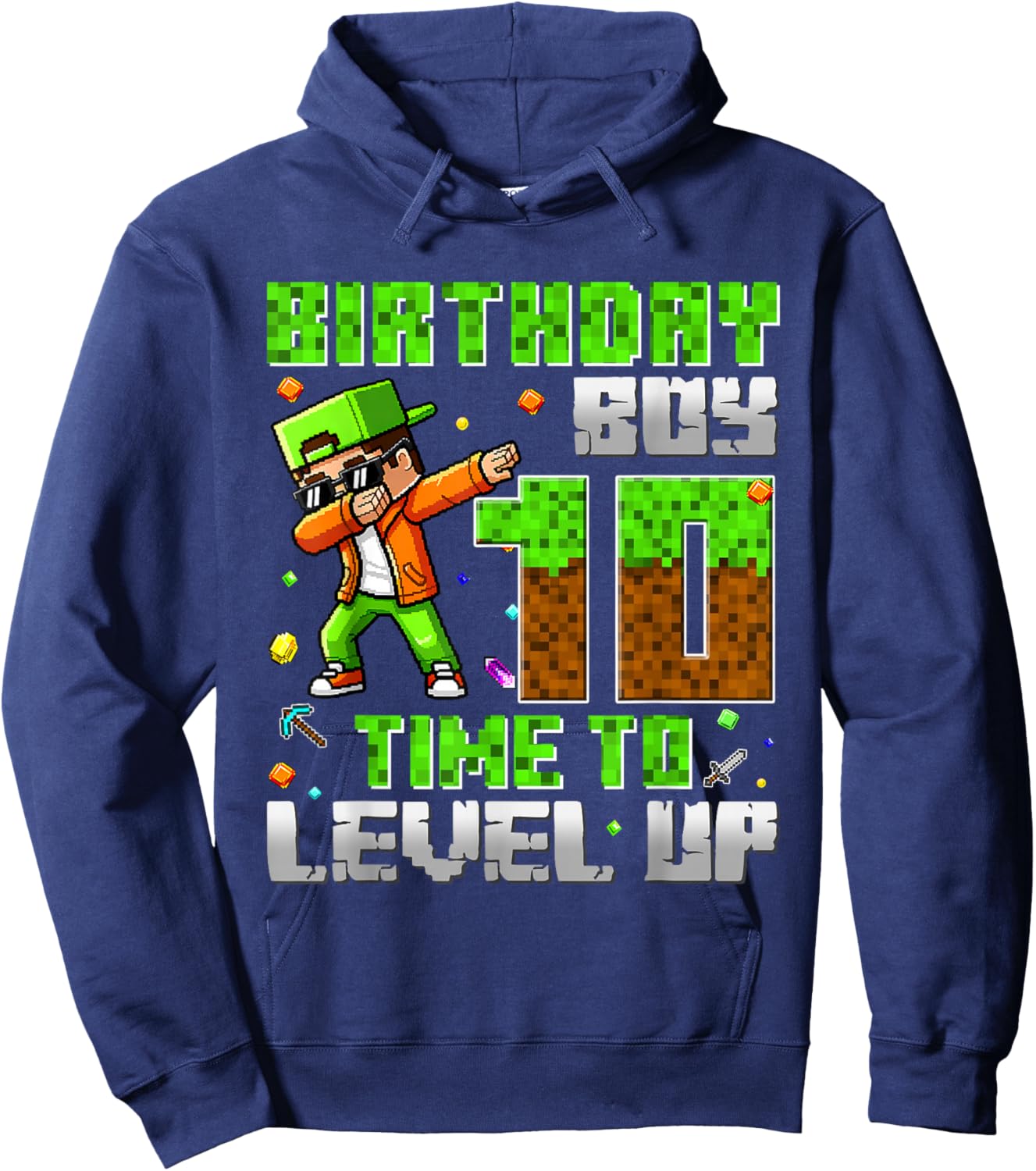 Pixel Game Dabbing Birthday Boy 10 Years Time to Level Up Hoodie - Hoodie | Navy