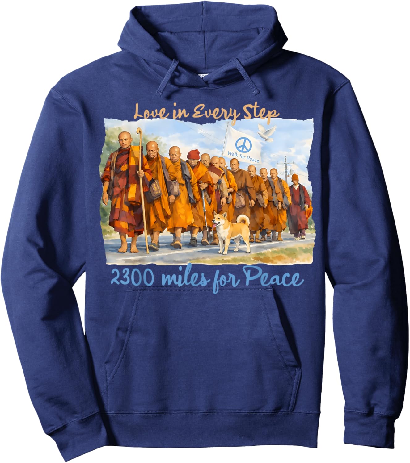 Minimalist Zen Art Walk for Peace Monks with Aloka Dog Hoodie - Hoodie | Navy