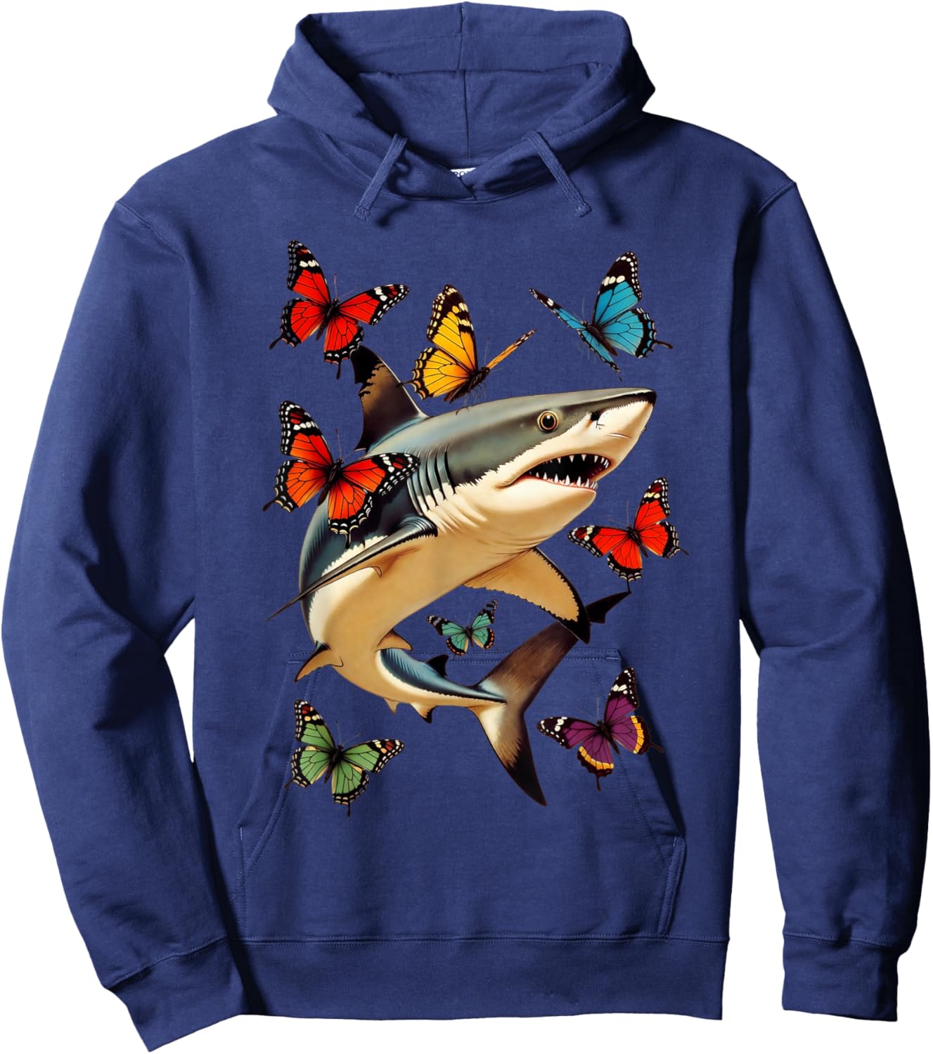 Funny Shark with Butterflies Retro Graphic Ocean Lovers Hoodie - Hoodie | Navy