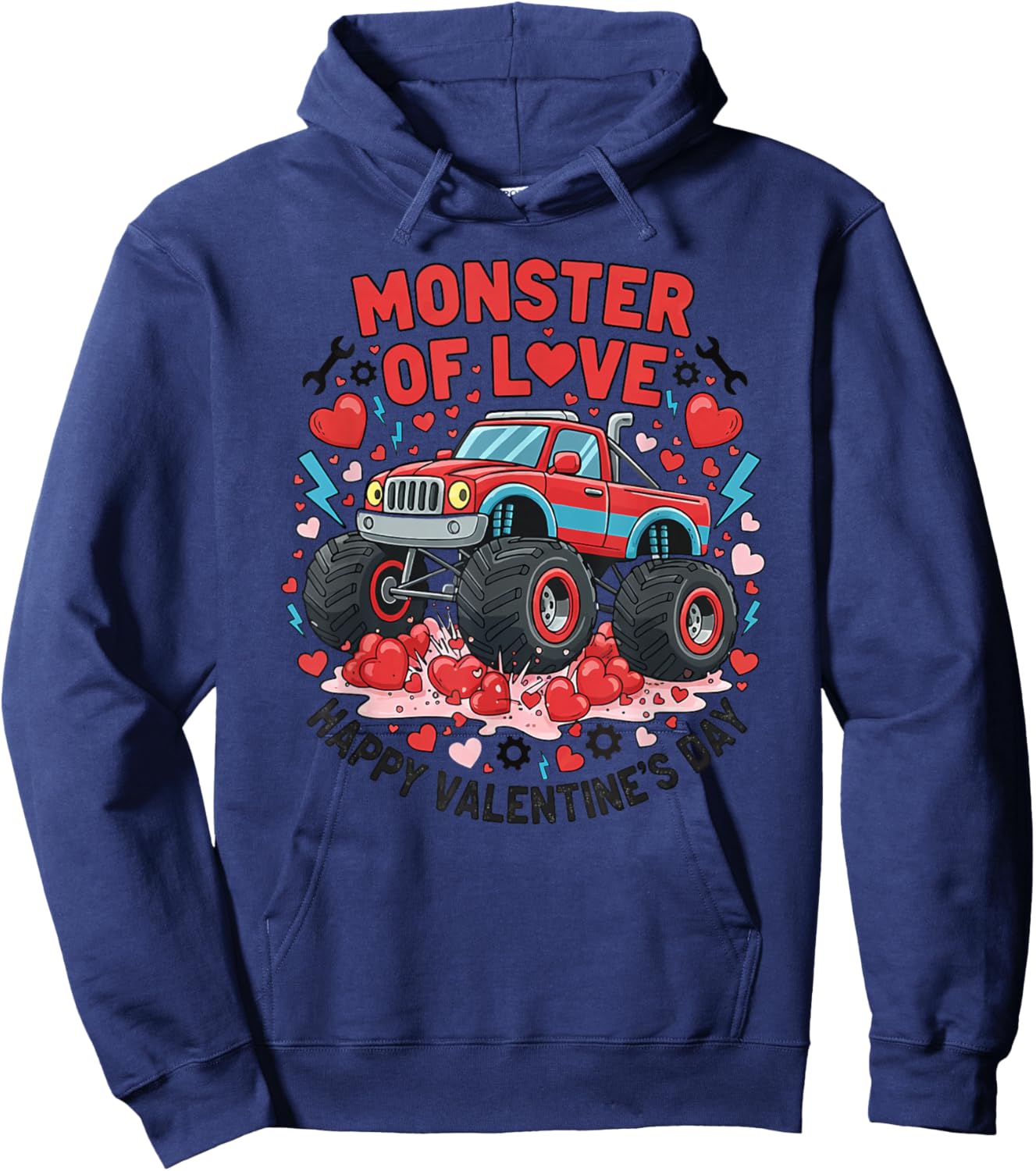 Monster of Love Boys Girls Valentines Day Monster Truck Hoodie - Hoodie | Navy