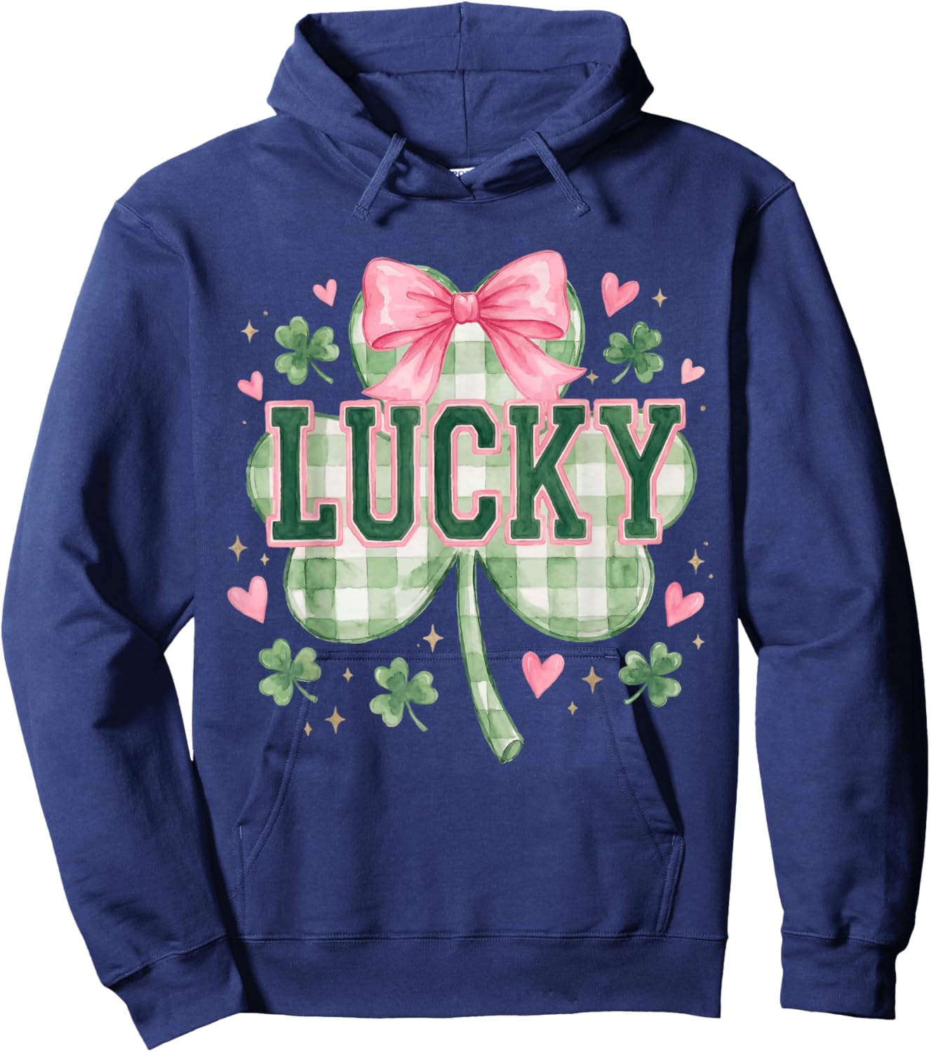 Vintage Coquette Bow Lucky Shamrock Clover St Patricks Day Hoodie - Hoodie | Navy