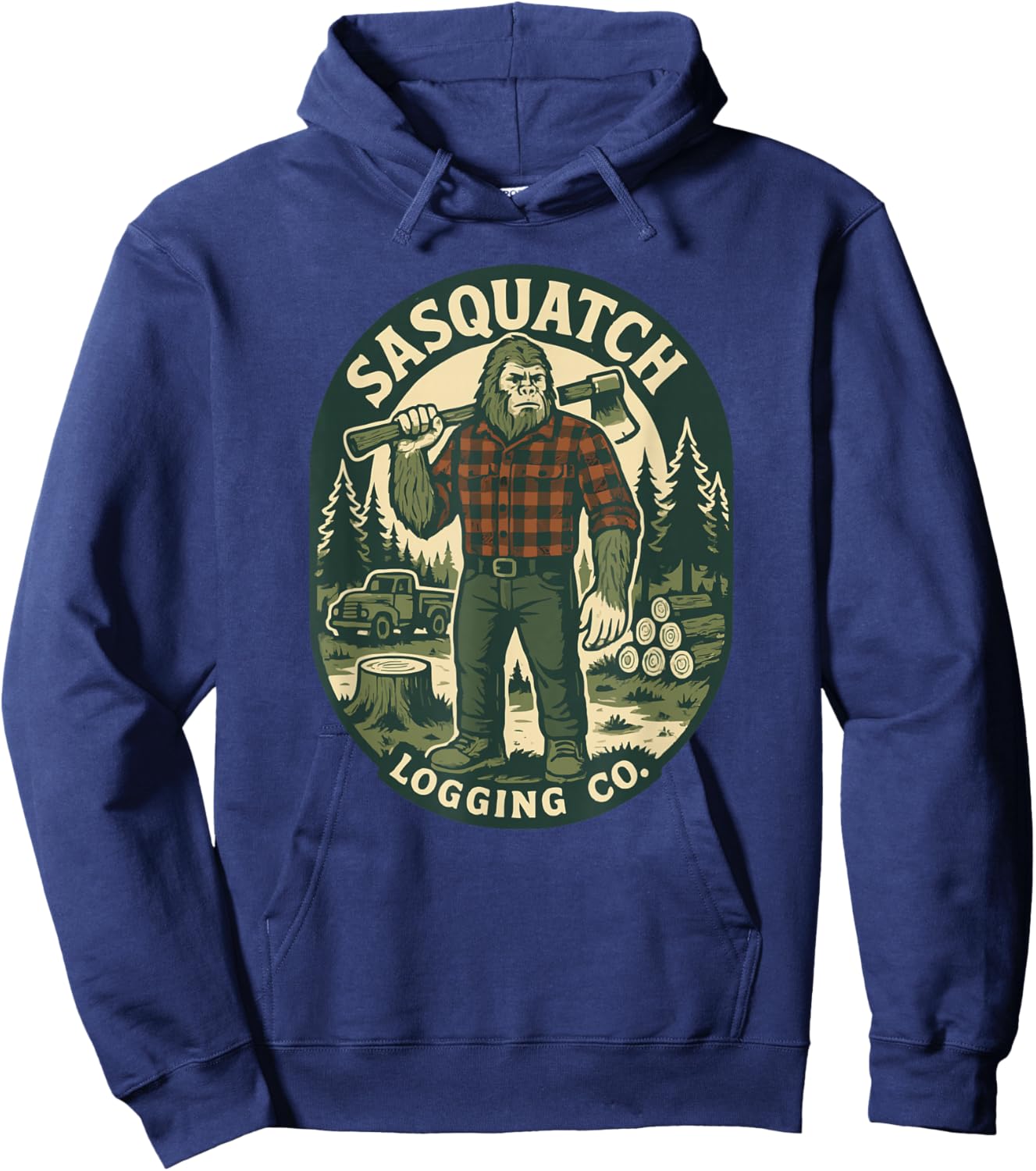 Sasquatch Logging Co. Vintage Style Bigfoot Lumberjack Hoodie - Hoodie | Navy