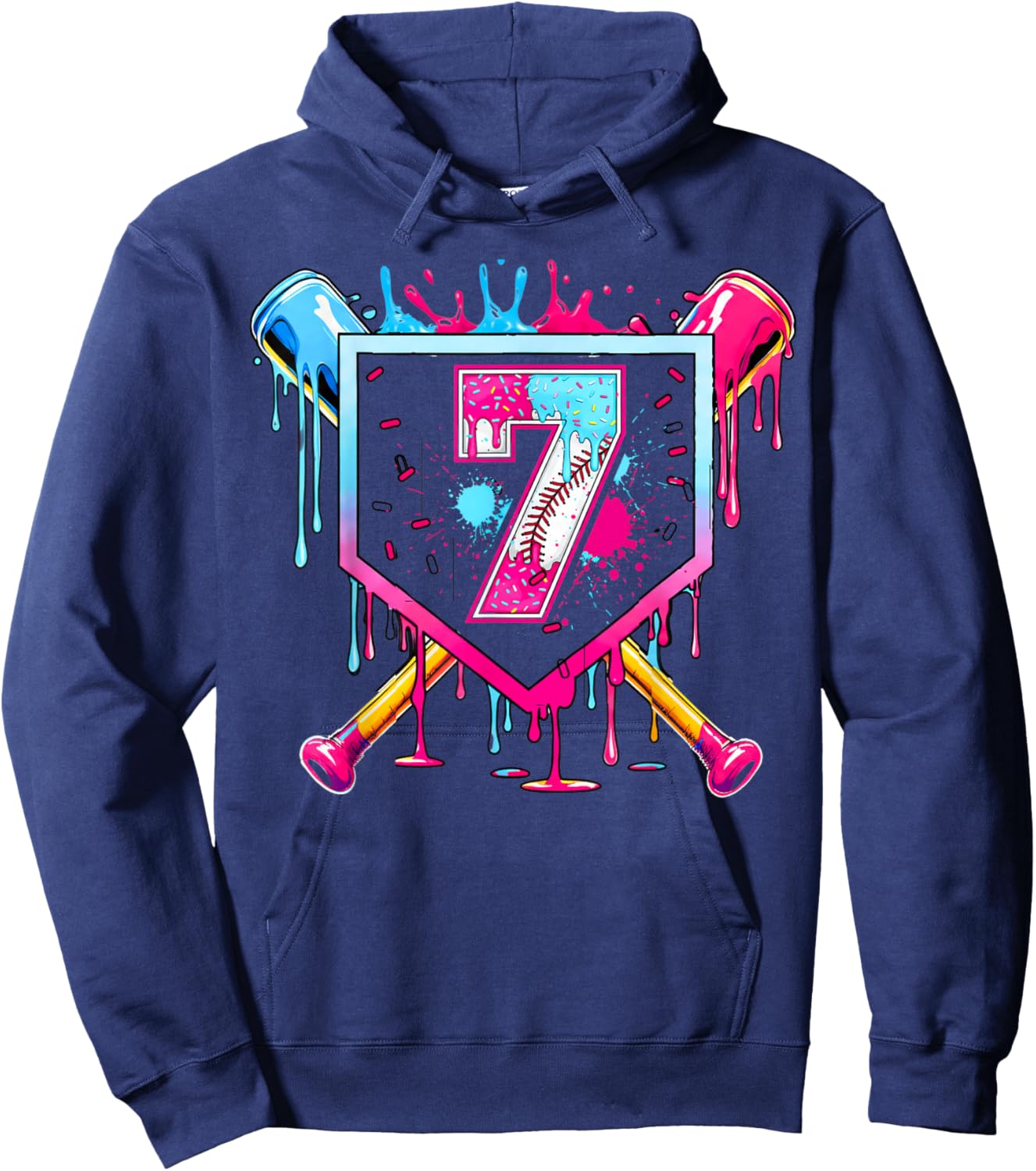 7th Birthday Boys Baseball Ice Cream Drip Boys Baseball Hoodie - Hoodie | Navy