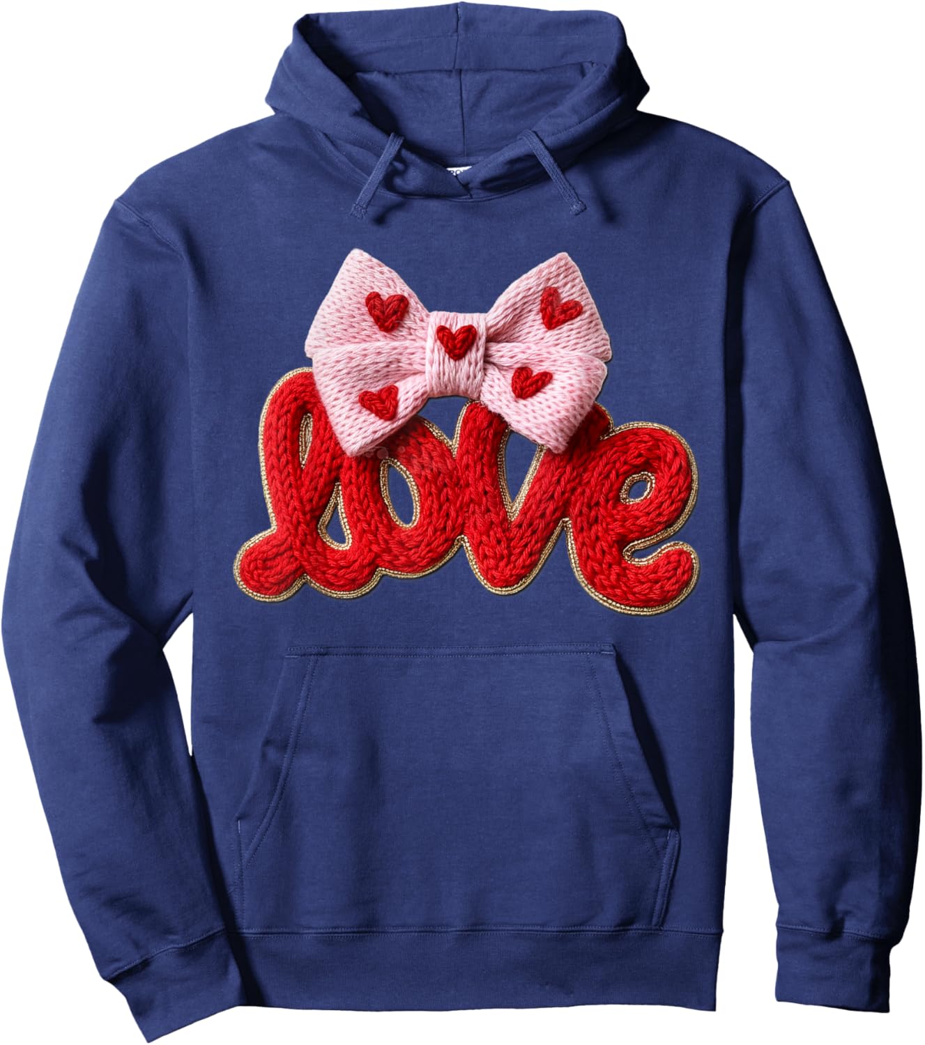 Valentine Love Coquette Heart Bow Yarn-Like Romantic Preppy Hoodie - Hoodie | Navy