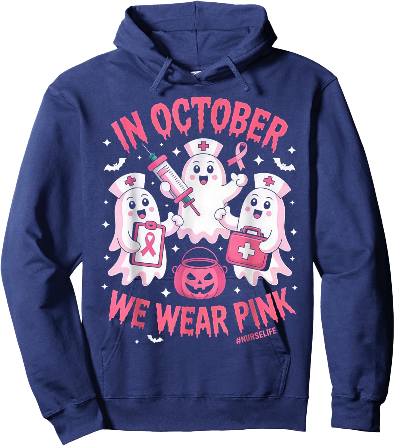 in October We Wear Pink Nurse Ghost Halloween Breast Cancer Hoodie - Hoodie | Navy