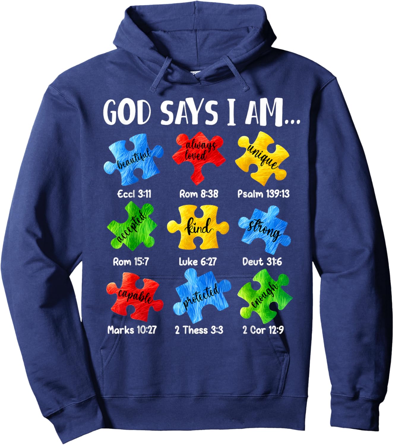 God Says I Am... Jesus Christian Autism Awareness Puzzle Hoodie - Hoodie | Navy