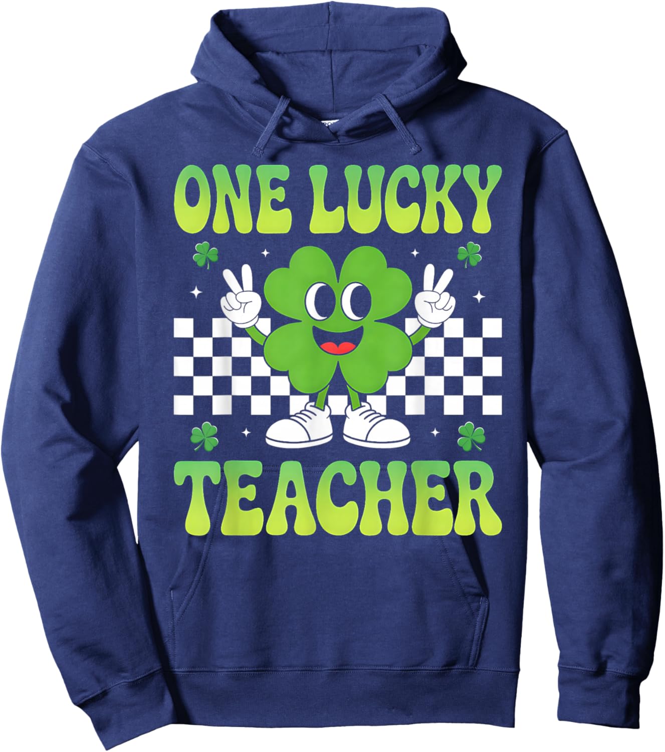 Groovy One Lucky Teacher Retro Shamrock St Patricks Day Hoodie - Hoodie | Navy