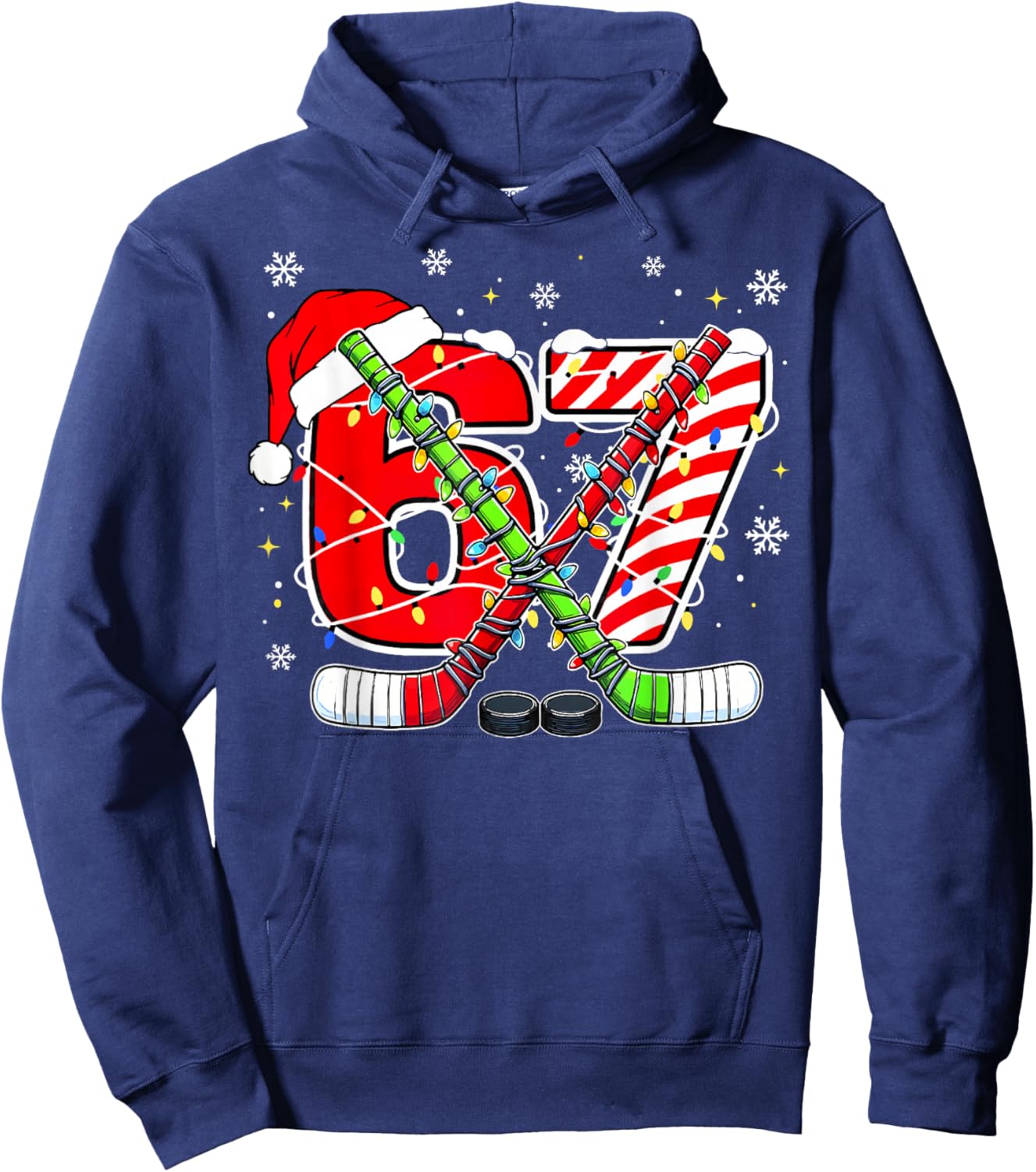 Funny 67 Santa Hat Candy Cane Ice Hockey Six Seven Christmas Hoodie - Hoodie | Navy
