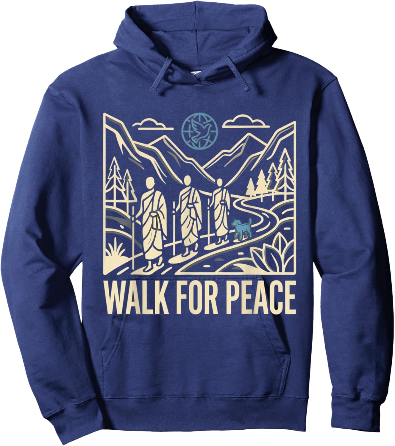 Walk for Peace Aloka Monks Dog Dove Globe Line Art Hoodie - Hoodie | Navy