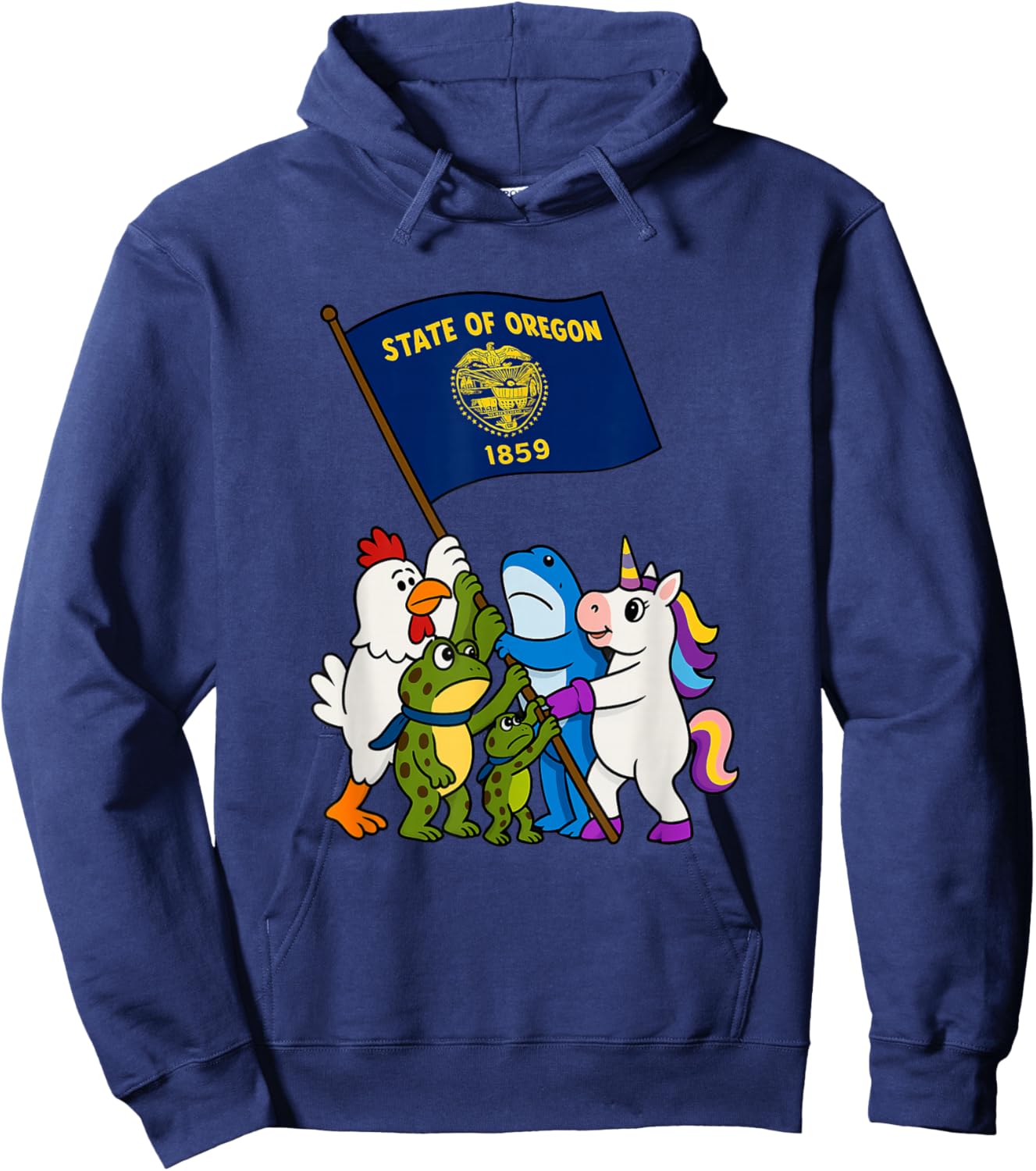 Cute Portland Frog Shark and Unicorn Together & Oregon Flag Hoodie - Hoodie | Navy