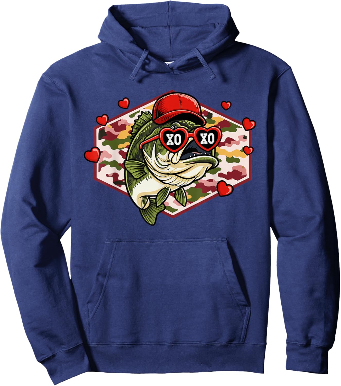 Men Boys Retro Valentines Fishing XOXO Camo Bass Hoodie - Hoodie | Navy