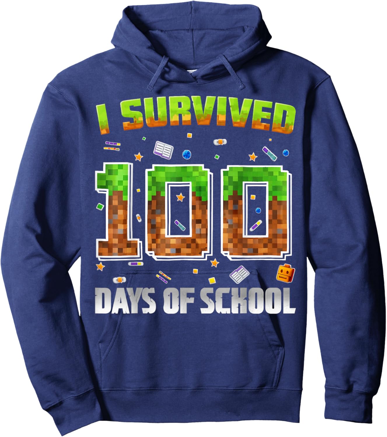 I Survived 100 Days of School Funny Pixel Gamer for Boy Kid Hoodie - Hoodie | Navy