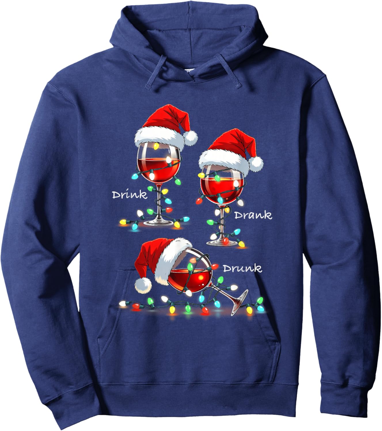 Christmas Wine Drunk Drank Drink Party Santa Hat Xmas Lights Hoodie - Hoodie | Navy