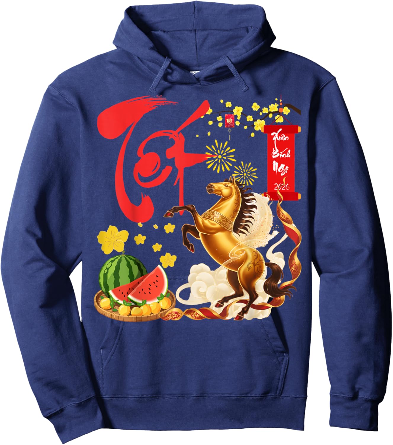 Peach Blossom Vietnamese Lunar New Year Horse 2026 Happy TET Hoodie - Hoodie | Navy