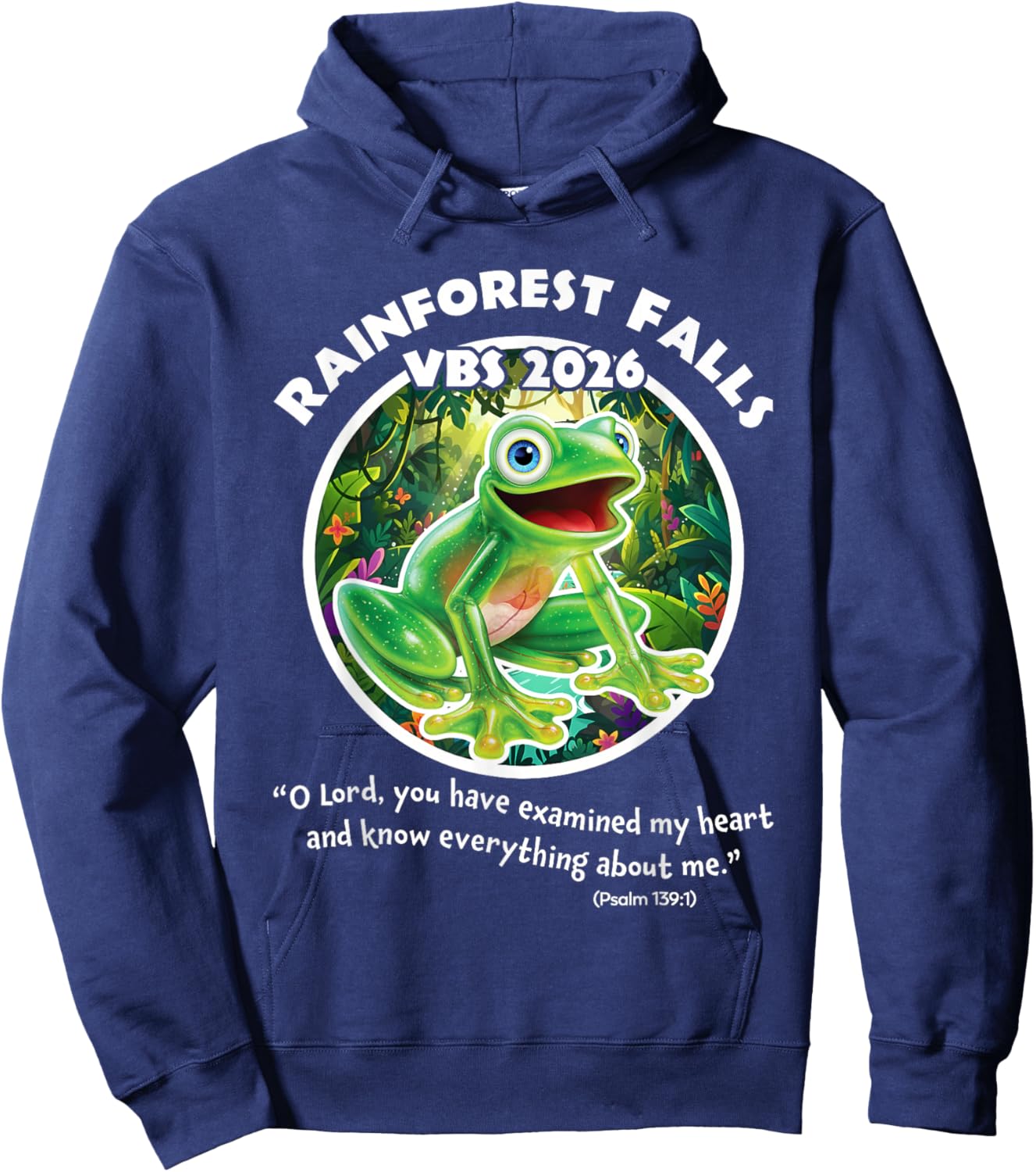 Rainforest Falls VBS 2026 Frog Jesus Faith Bible Verse Kids Hoodie - Hoodie | Navy