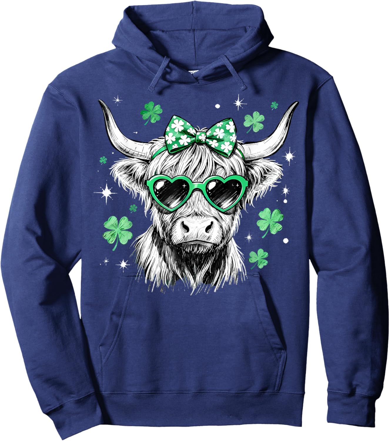 Highland Cow St Patrick's Day Coquette Bow Lucky Shamrock Hoodie - Hoodie | Navy