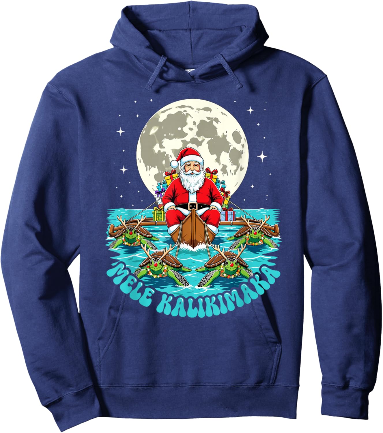 Mele Kalikimaka Hawaiian Christmas Santa Sea Turtle Sleigh Hoodie - Hoodie | Navy