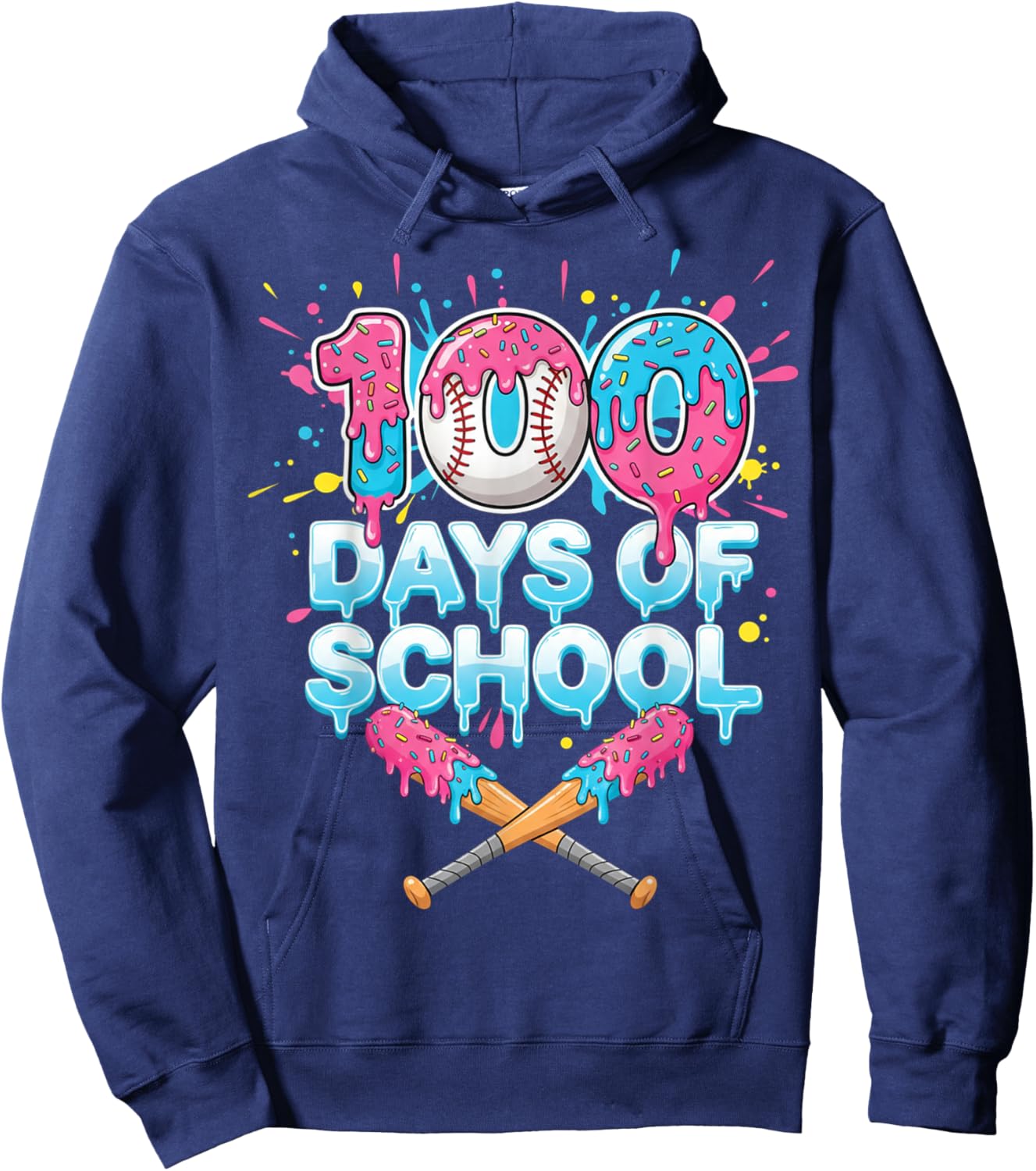 Dripping Baseball Bats 100 Days of School Boys Kids Girl Hoodie - Hoodie | Navy
