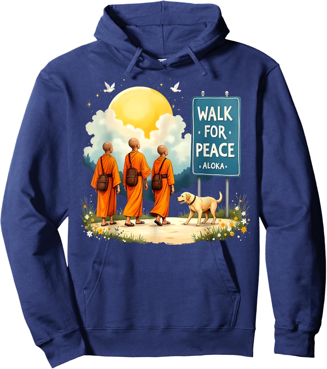 Retro Walk for Peace Monks with Aloka Dog Minimalist Zen Art Hoodie - Hoodie | Navy