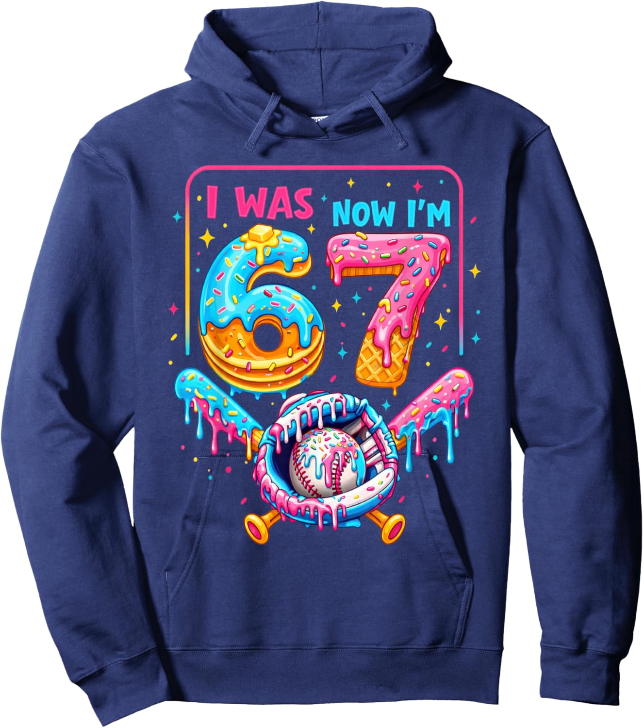 7th Birthday Boys I was 6 Now I'm 7 Baseball Ice Cream Drip Hoodie - Hoodie | Navy