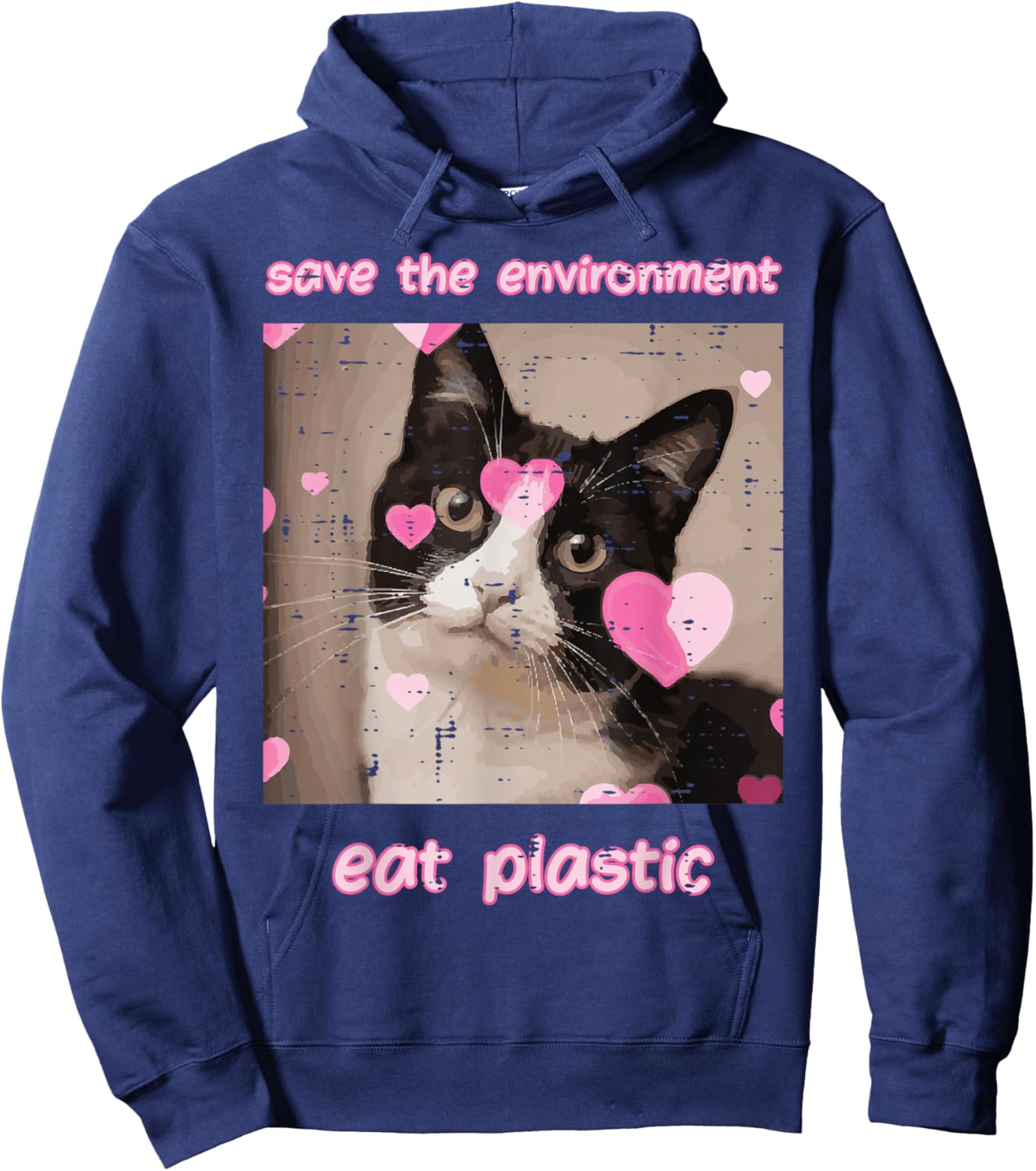 Save Environment Eat Plastic Cat Funny Saying Men Women Kids Hoodie - Hoodie | Navy