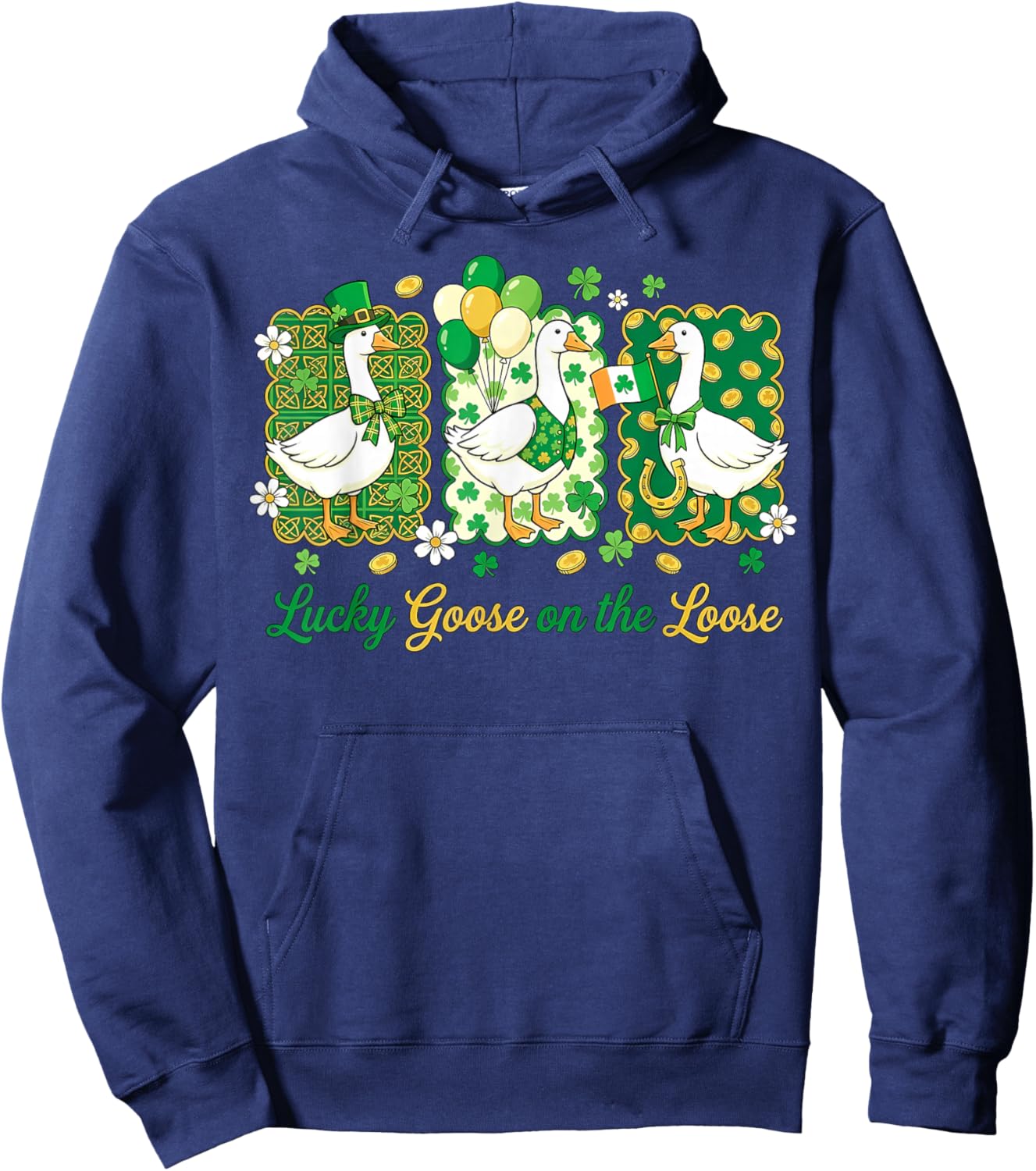 Retro Lucky Goose On The Loose St Patricks Day Shamrock Hoodie - Hoodie | Navy