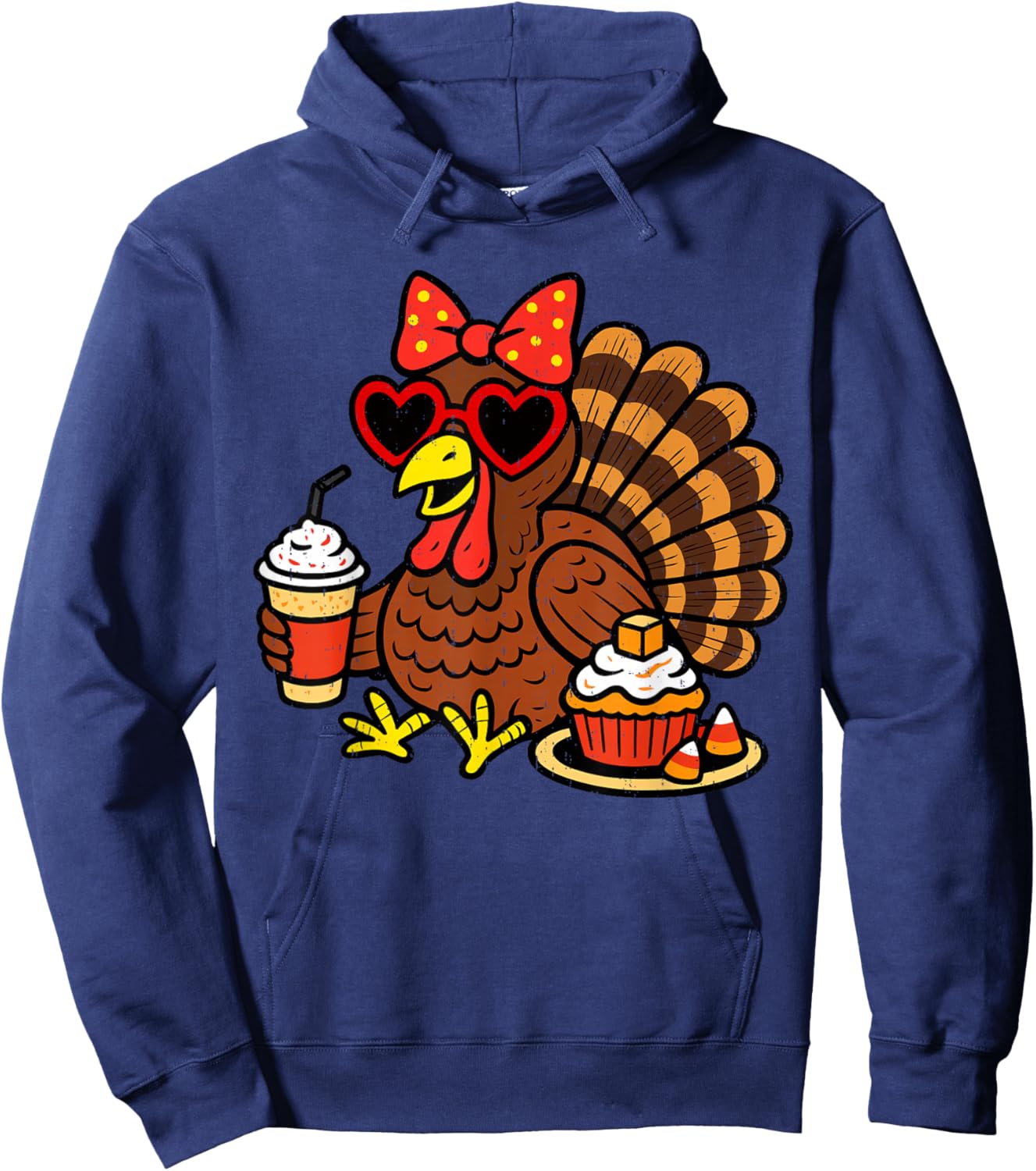 Funny Turkey Drinking Coffee Fall Thanksgiving Costume Women Hoodie - Hoodie | Navy