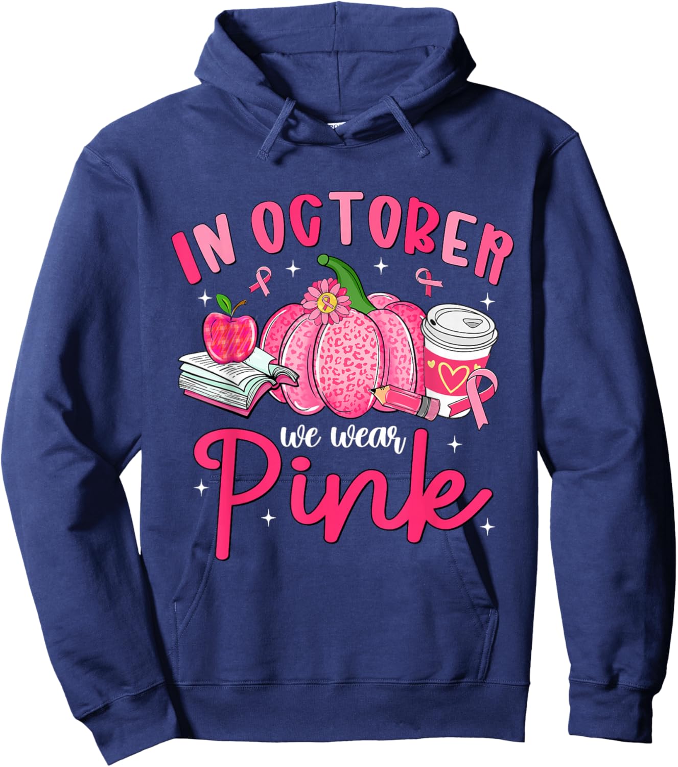 in October We Wear Pink Breast Cancer Awareness Teacher Hoodie - Hoodie | Navy