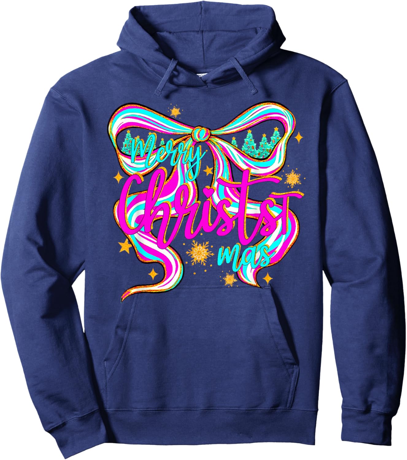 Preppy Merry Christmas Coquette Bow Pink Xmas Tree Girl Hoodie - Hoodie | Navy